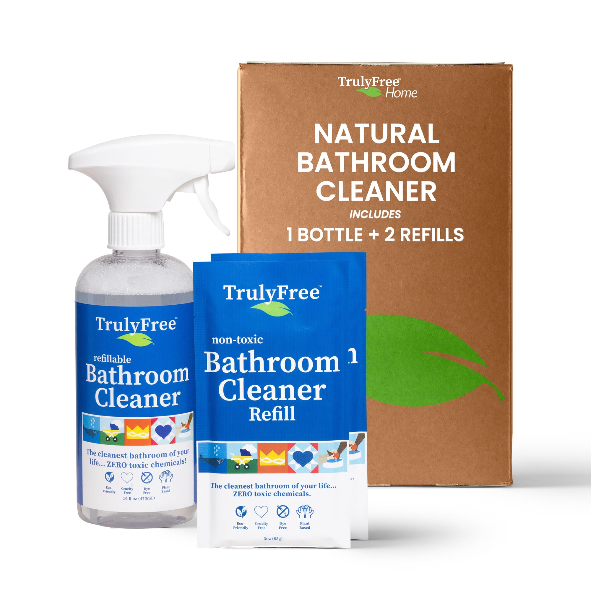 2-Pack TrulyFree Bathroom Cleaner - Cleaning Spray, for Toilet, Sink, Tub, Shower - Includes: 16-oz Spray Bottle, One refill pouch used for initial fill and one pouch for Refill when needed (3 oz)