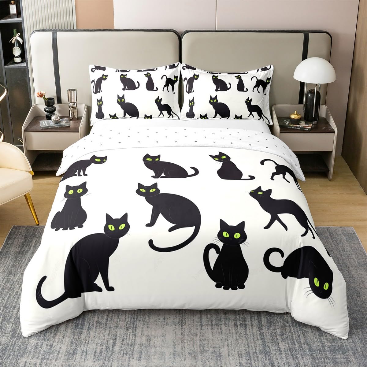 Housse de couette Halloween chat noir 100% coton King Size avec taies d'oreiller
