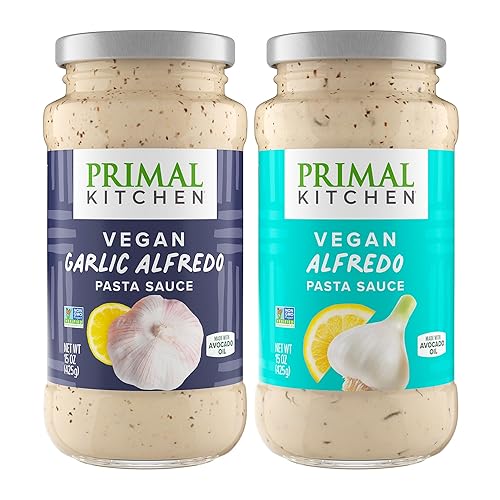 Primal Kitchen Salsa Alfredo sin lácteos de dos paquetes certificado Keto y certificado Paleo incluye 1 salsa tradicional y 1 salsa Alfredo de ajo