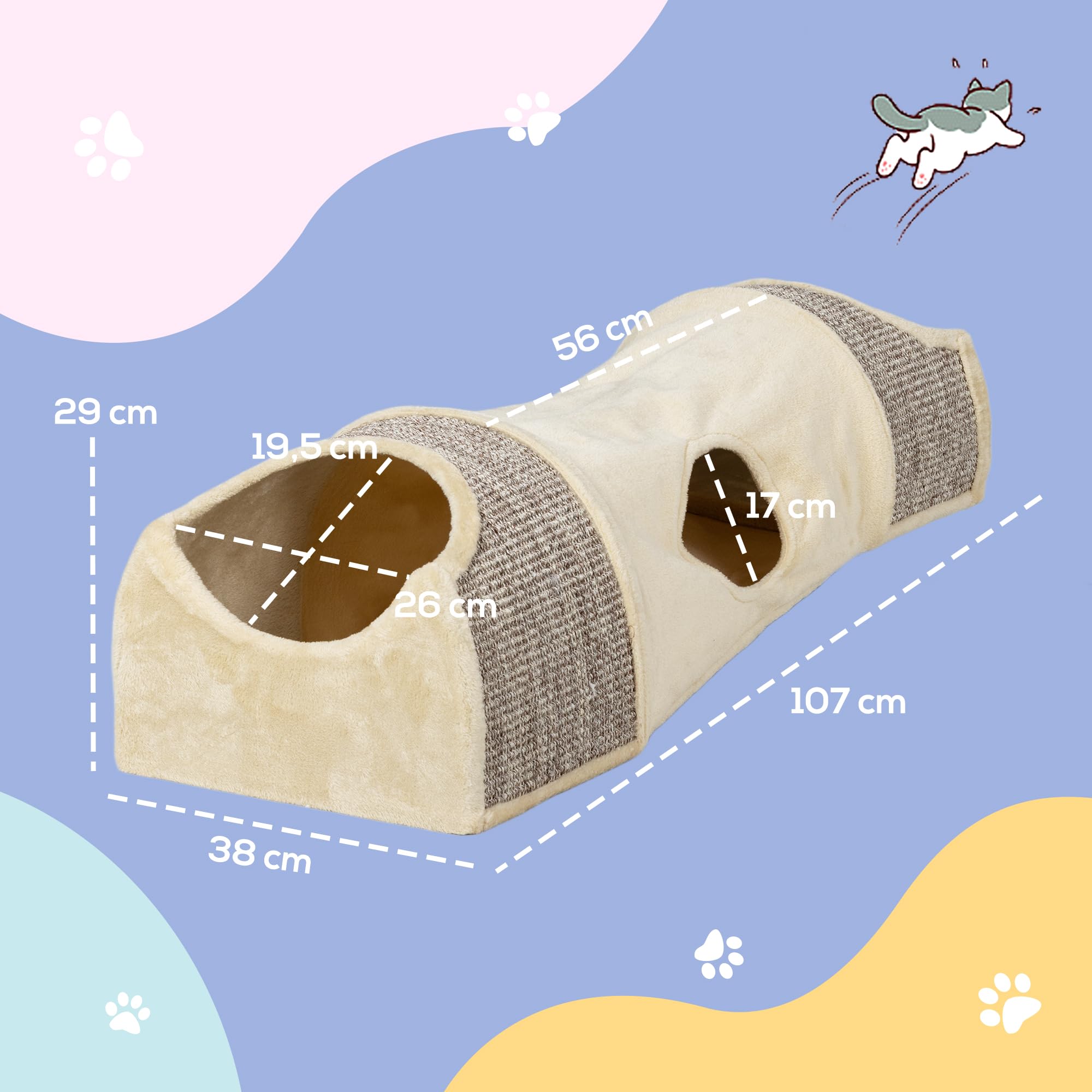PawHut Tunel dla kota zabawka pluszowa 107 x 38 x 29 cm Beżowy+Szary | Z 2 domkami, 3 otworami, składany tunel do zabawy z sizalu, połączony design