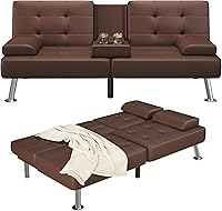 Vista 8 de Furmax Sofá Cama Futón Ajustable Sofá Cama Futón Sleeper para Sala de Estar, Oficina de Negocios, Sofás Reclinables con Portavasos (Cuero PU, Negro)