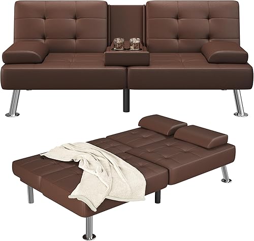 Miniatura 8 de Furmax Sofá cama futón ajustable, sofá cama para sala de estar, oficina de negocios, sofás reclinables con portavasos (piel sintética, negro) Negro