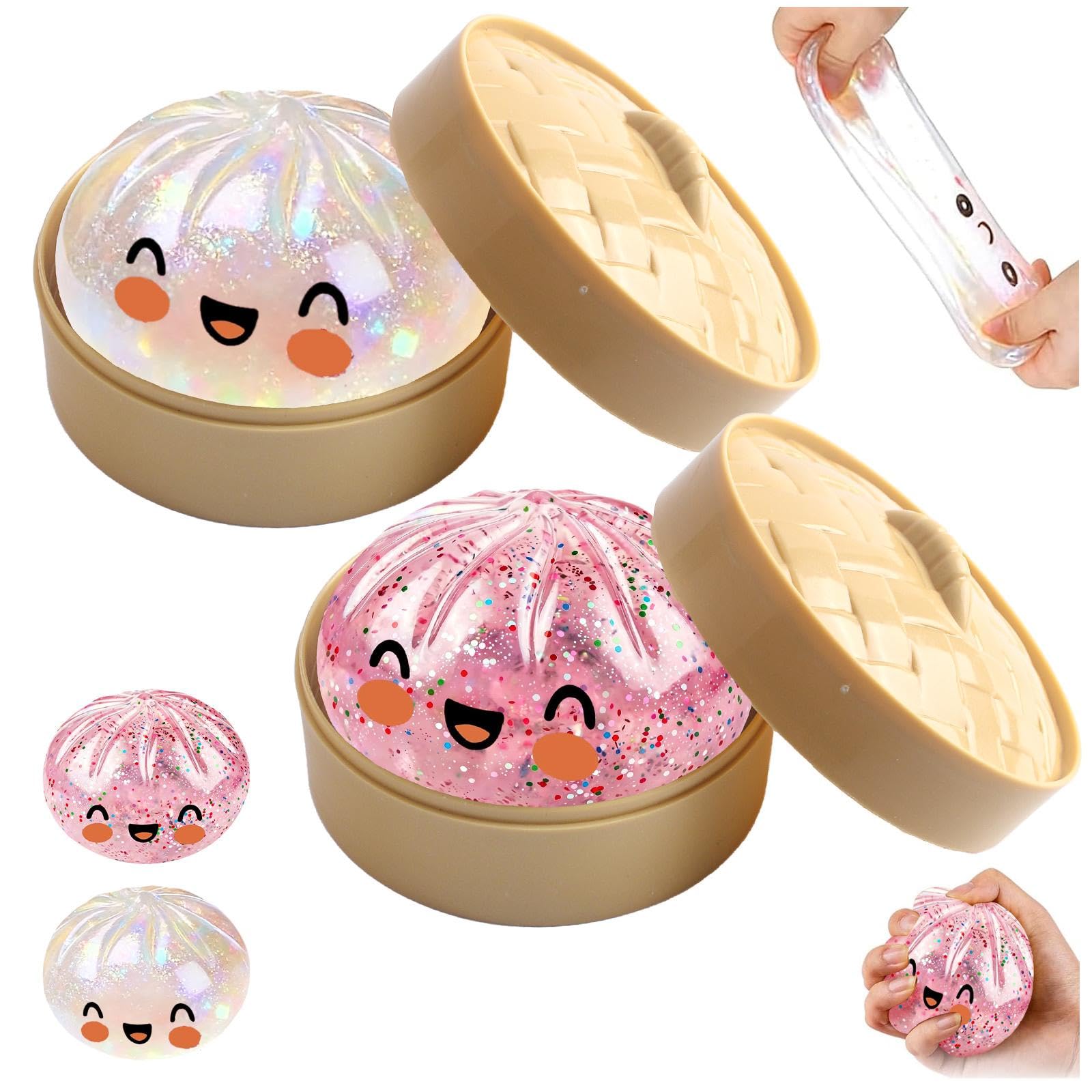 2Pcs Glitter Dumpling Squishy, Squishys Dumplings Stress Fidget, Bao Bun Squishy, Sensory Stress Ball Toys with Steamer Box, Mystery Dumpling Squishies for Kids & Adults（Pink+White）