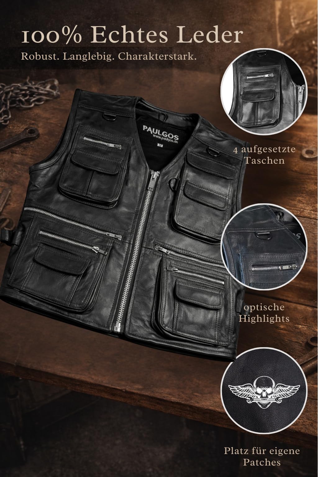 PAULGOS Lederweste Weste Kutte Leder Biker Rocker Motorrad Clubweste Bikerweste Motorradweste Schwarz BW11