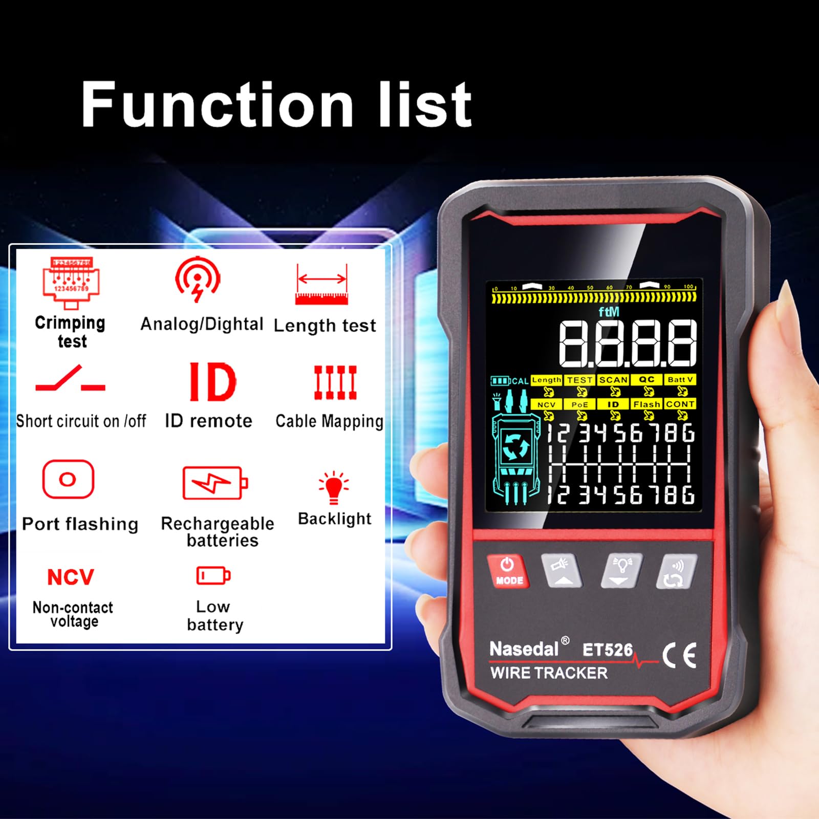 Network Cable Tester Wire Tracker Tone Generator Ethernet Tester Multímetro VFL 3 en 1 RJ45 CAT5 CAT6 CAT7 CAT8 RJ11 Cable Length Cable Mapping Test Port Flashng 3 pcs Remote (ET526)