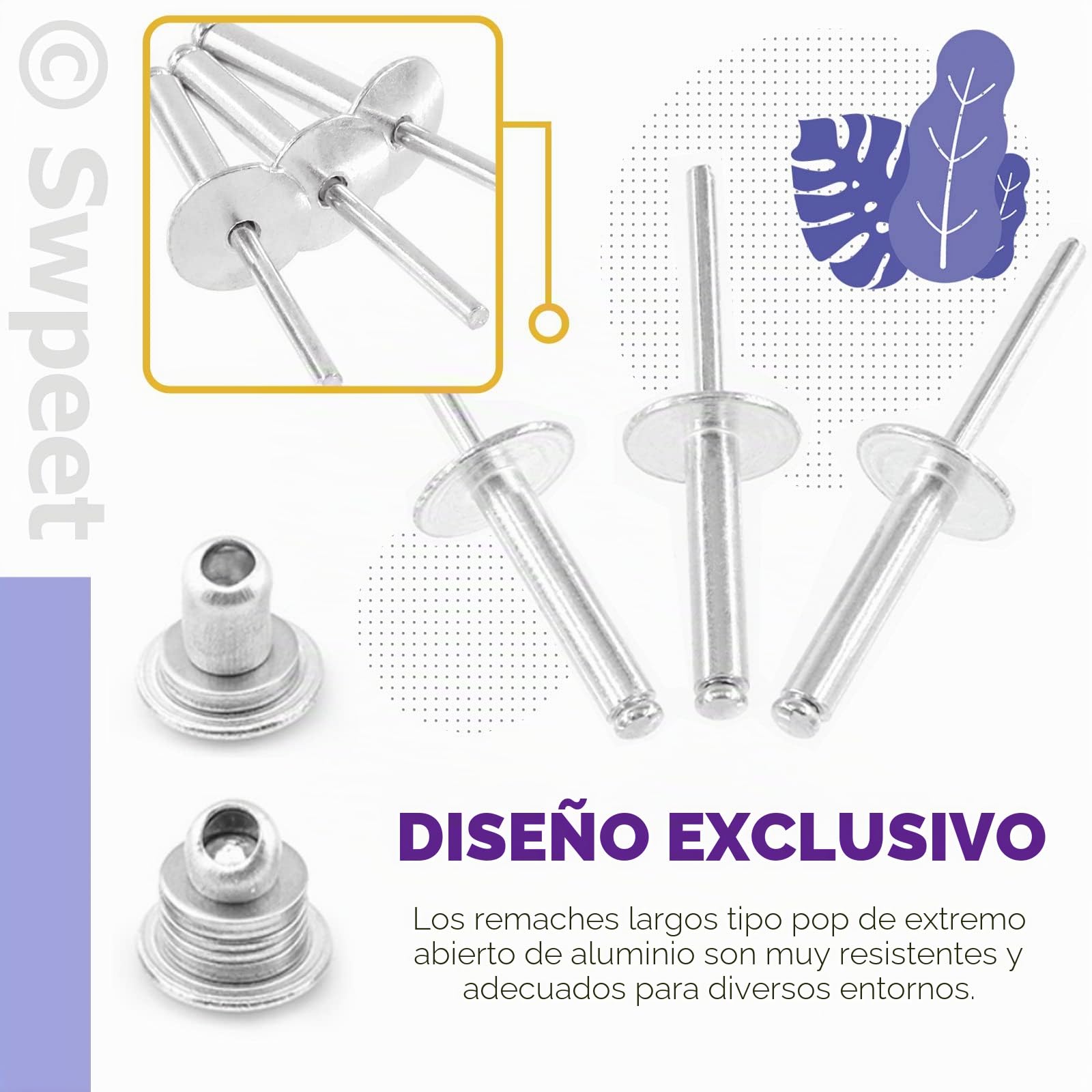 Swpeet 261 Pistolas de Remache Pop de 3/16 Pulgadas 1/8 Pulgadas 5/32 Pulgadas M3.2/4/4.8 de 13 Pulgadas y 3 Cabezales de Remache Intercambiables con Brida Grande de Aluminio, Kit Surtido de Ciegos