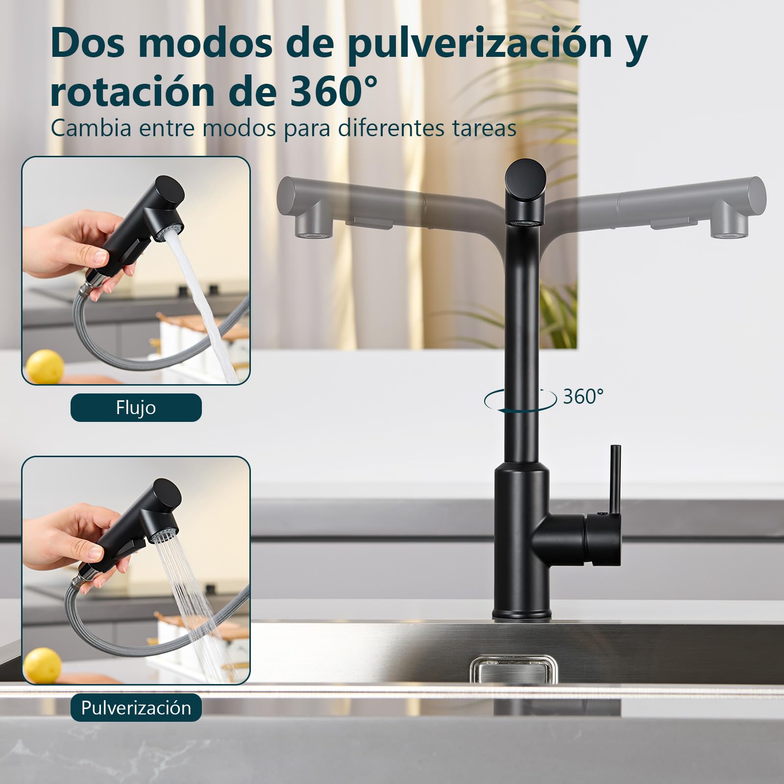 Grifo de Cocina Negro, Grifo Mezclador de Cocina con Rociador Extraíble, Grifo de Fregadero Giratorio 360°, Grifo Aleación resistente a la corrosión, Dos Funciones de Rociado, Negro Mate | Grifo de cocina extensible, grifo de cocina de alta presión, grifo