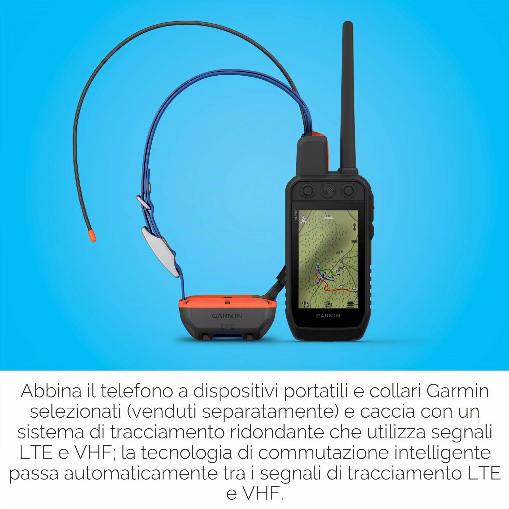 Garmin Alpha® LTE, Cellular Technology Dog Tracker, guarda i movimenti del tuo cane sul tuo smartphone compatibile o integralo con il tuo Garmin Dog Tracking System per tracciare via VHF o LTE
