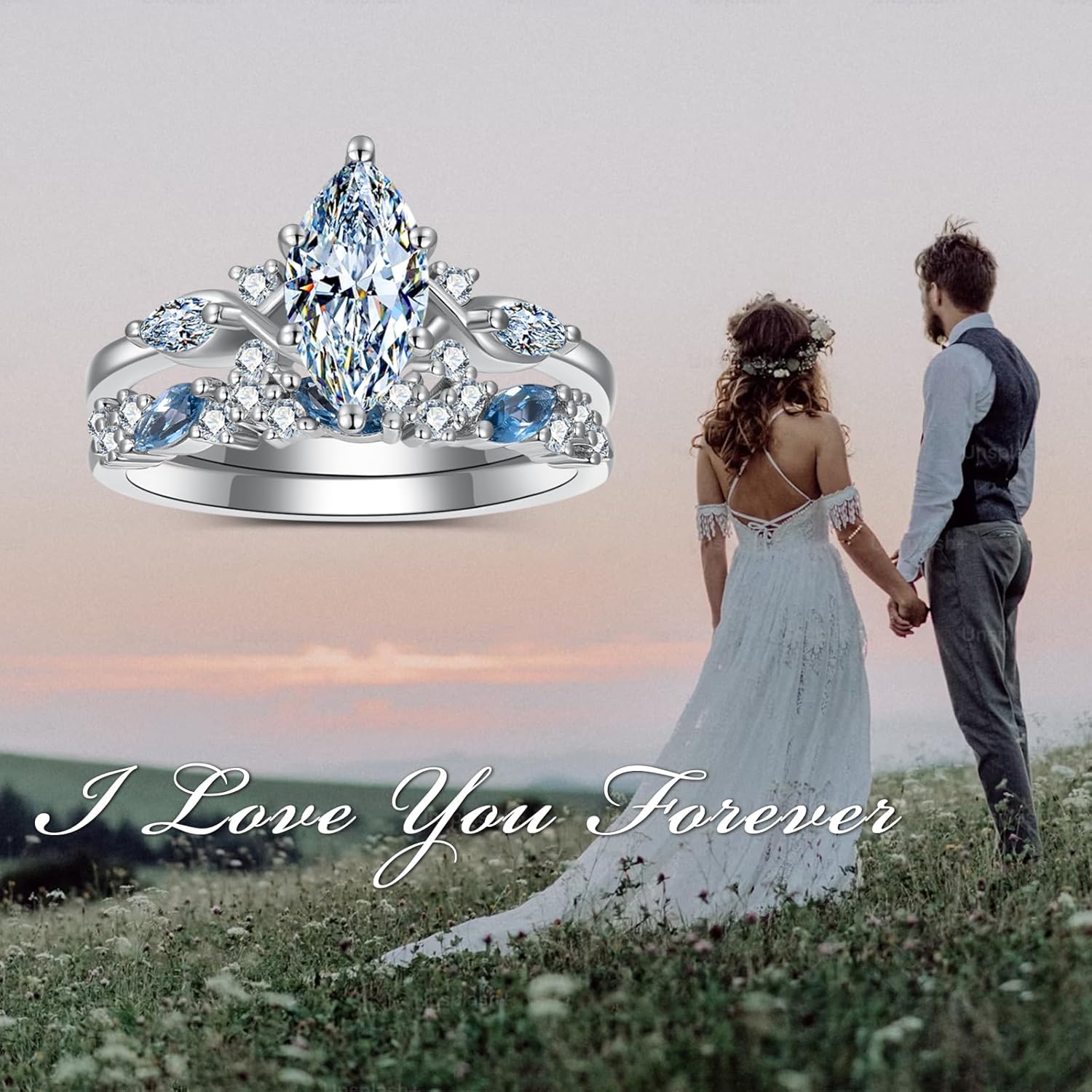 2.0 Carat(ctw) Marquise-Cut Moissanite Engagement Rings Sets for Women,10K 14K 18K Solid Gold Aquamarine Wedding Rings Sets,Bridal Ring Sets with Free Engraving