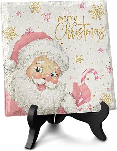 Placa de cerámica con soporte de madera, Papá Noel rosa, copo de nieve, caramelo, arpillera, decoración de escritorio, regalos conmemorativos para