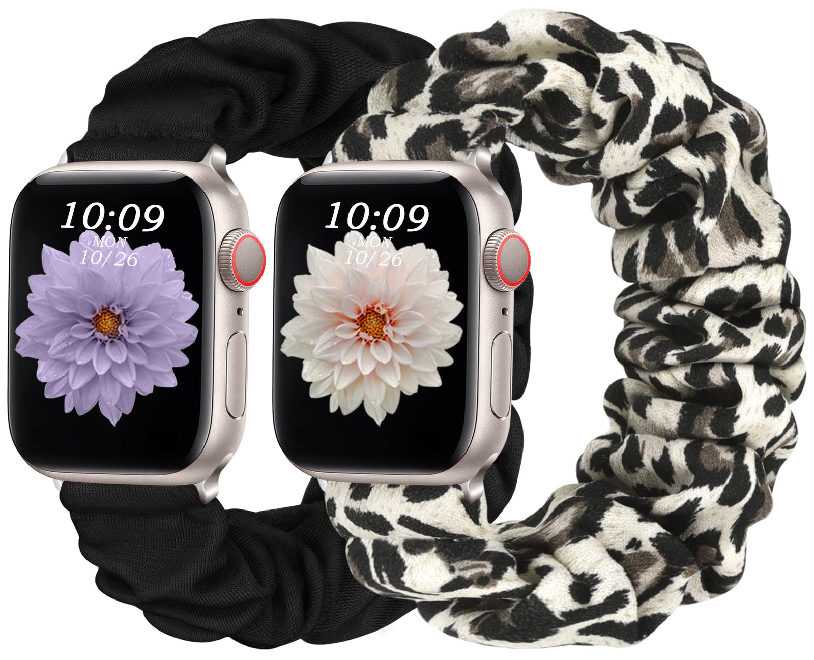 CeMiKa 2pack Adjustable Elastic Straps Compatible with Apple Watch Strap 38mm 40mm 41mm 42mm, Cute Printed Scrunchie Strap for iwatch Series 10 9 8 7 6 5 4 3 SE, Women Men, Black/Leopard
