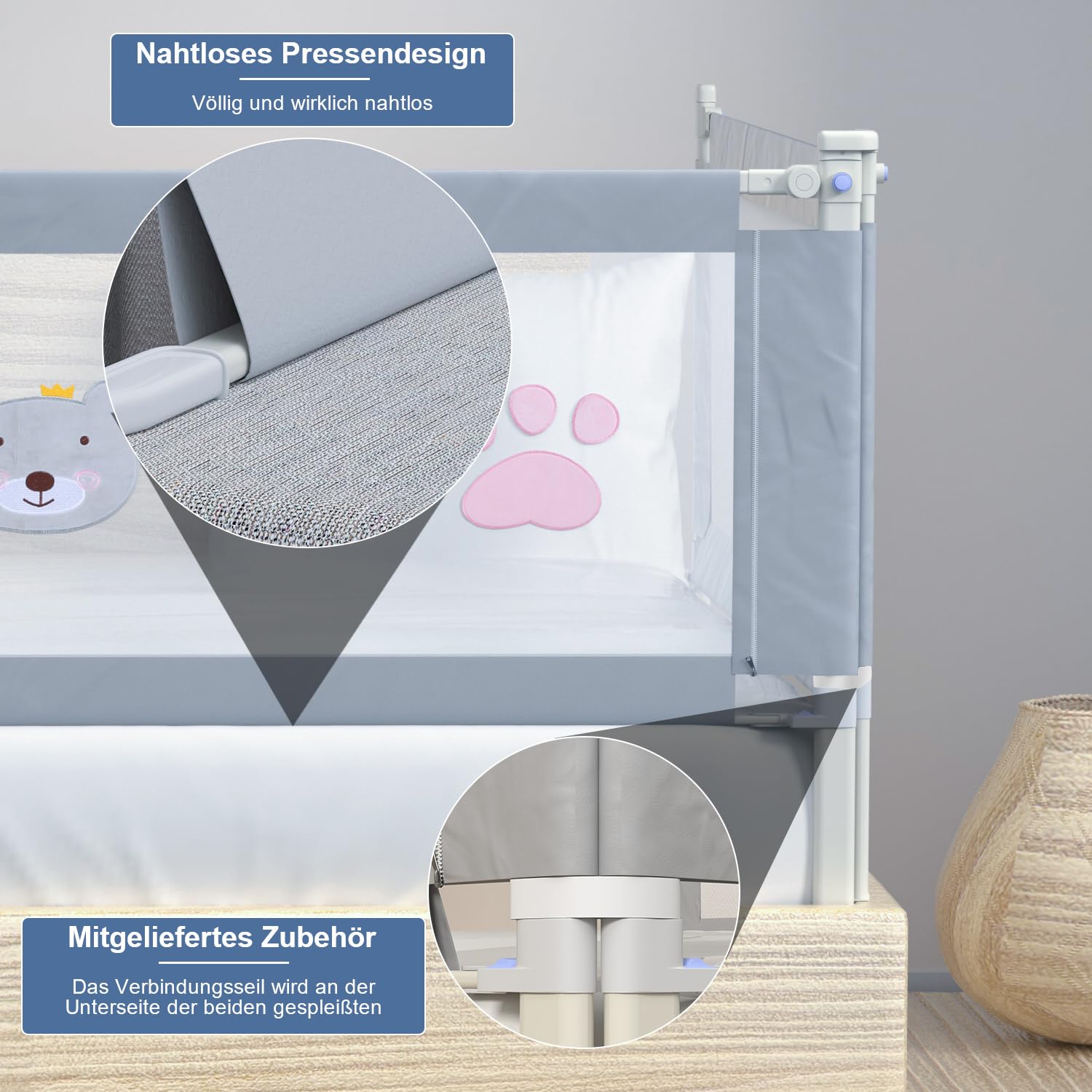 Barrera de cama para bebé, 200 × 70 cm, altura ajustable, barrera protectora para cuna de 70 – 98 cm, resistente con cierre de seguridad, malla transpirable, gris