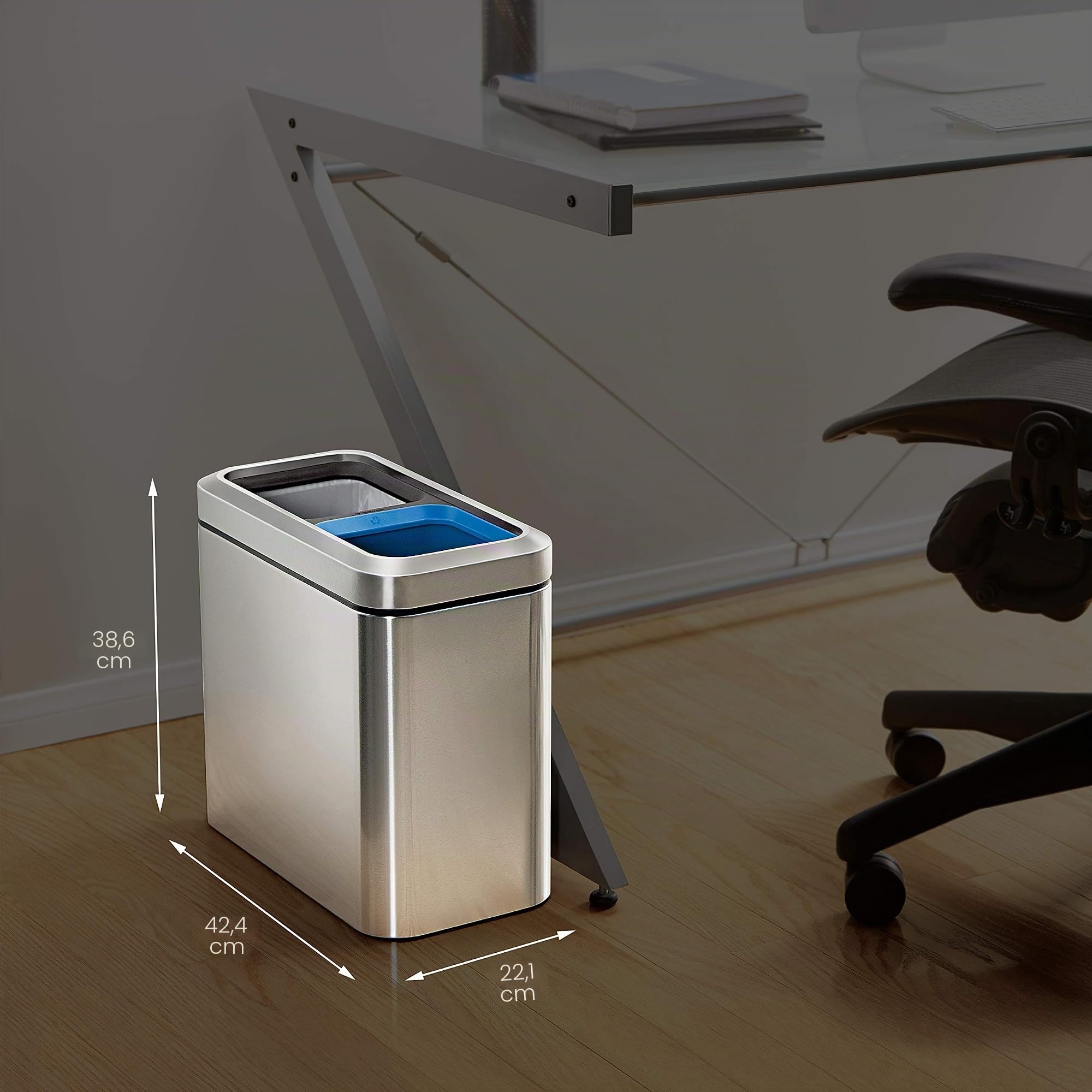simplehuman CW1470 20 Liter, schmaler offener Recycler, Mülltrennsystem 2 Fach, Büro Mülleimer, Abfalleimer, Mülltrennung, Recycling, gebürsteter Stahl, 5 Jahre Garantie