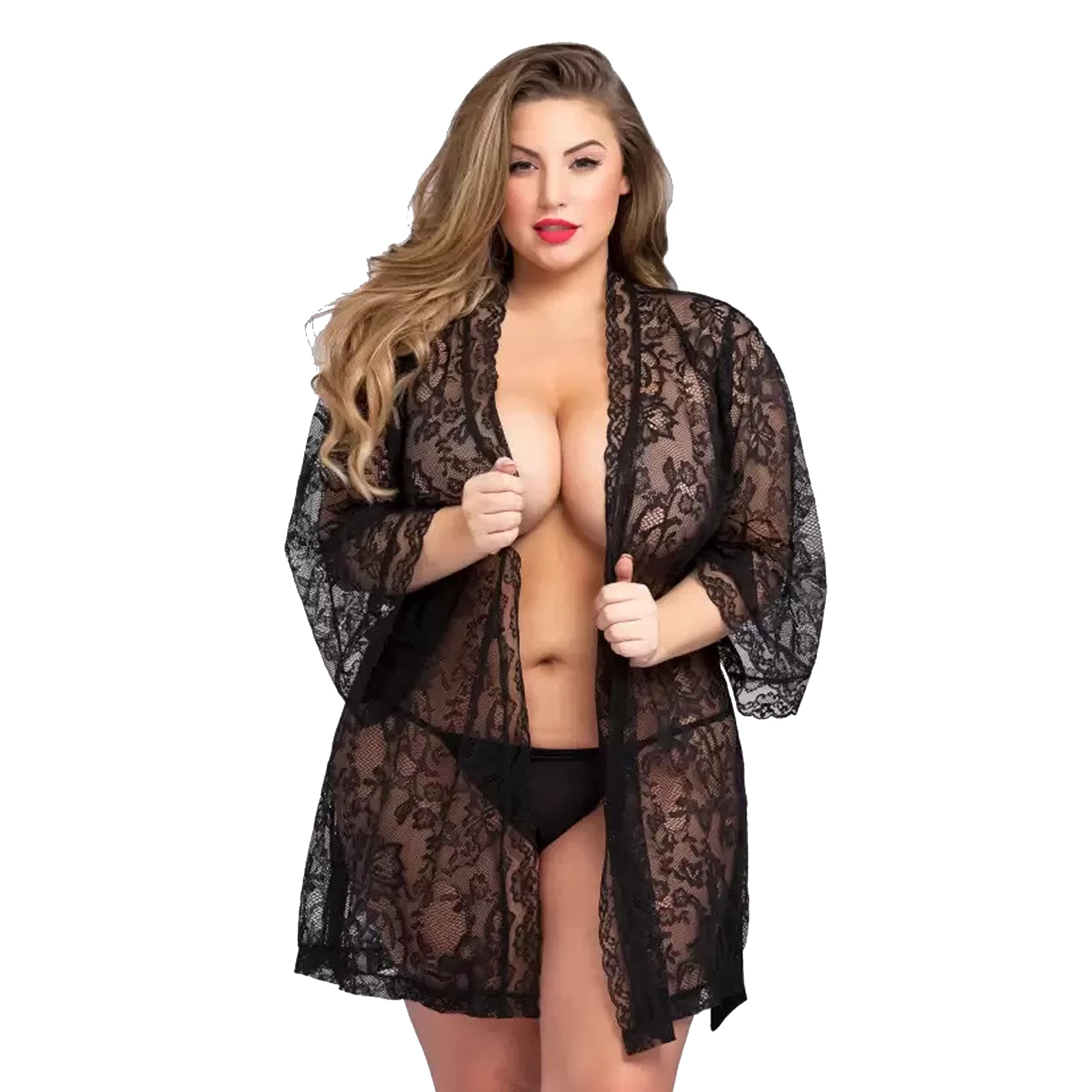 Women's Babydoll Dress | Net and Lace Solid Above Knee Nighty | Short Nightwear Robe with Panty | Sexy Plus Size S to XXL, Black