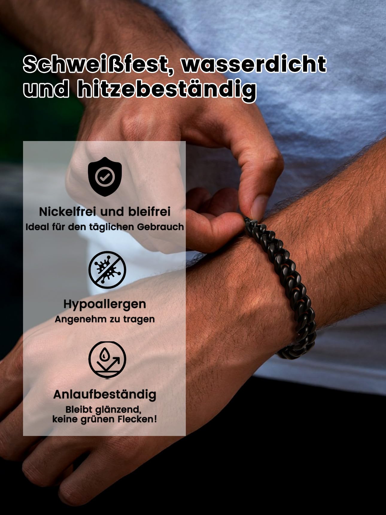 Bestyle Armband Herren Schwarz Panzerkette Armbänder für Herren Edelstahl Glieder Armband für Männer Jungen Armkette Hip Hop Rapper Modeschmuck 9mm Breit, 19cm Lang
