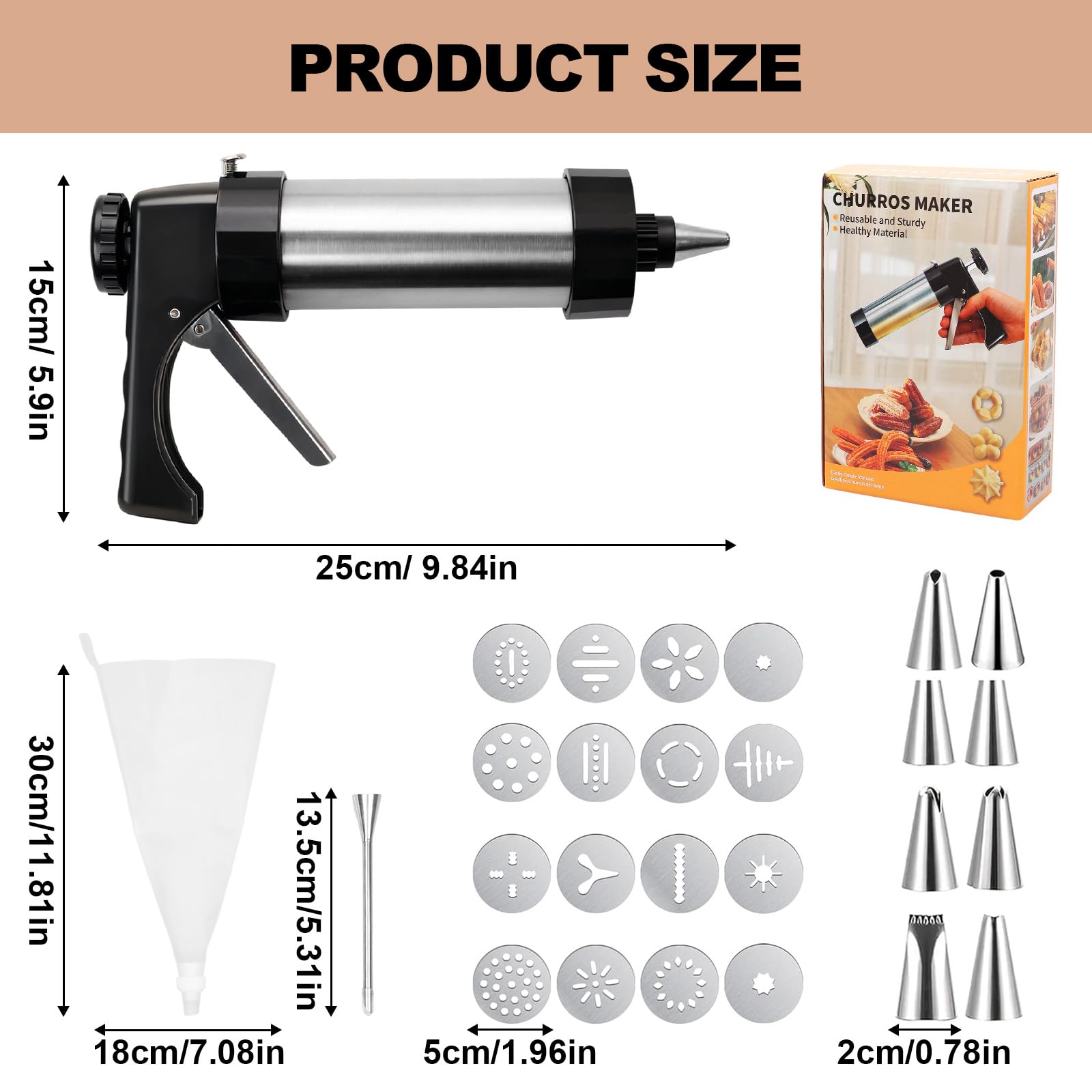 Machine à churro,Pistolet à Patisserie, Presse à Pâtisserie en Acier Inoxydable,Presse à Biscuits Avec 16 Gabarits,8 Douilles, nettoyage sans effort avec 1 brosses, pour les Churros Faits Maison