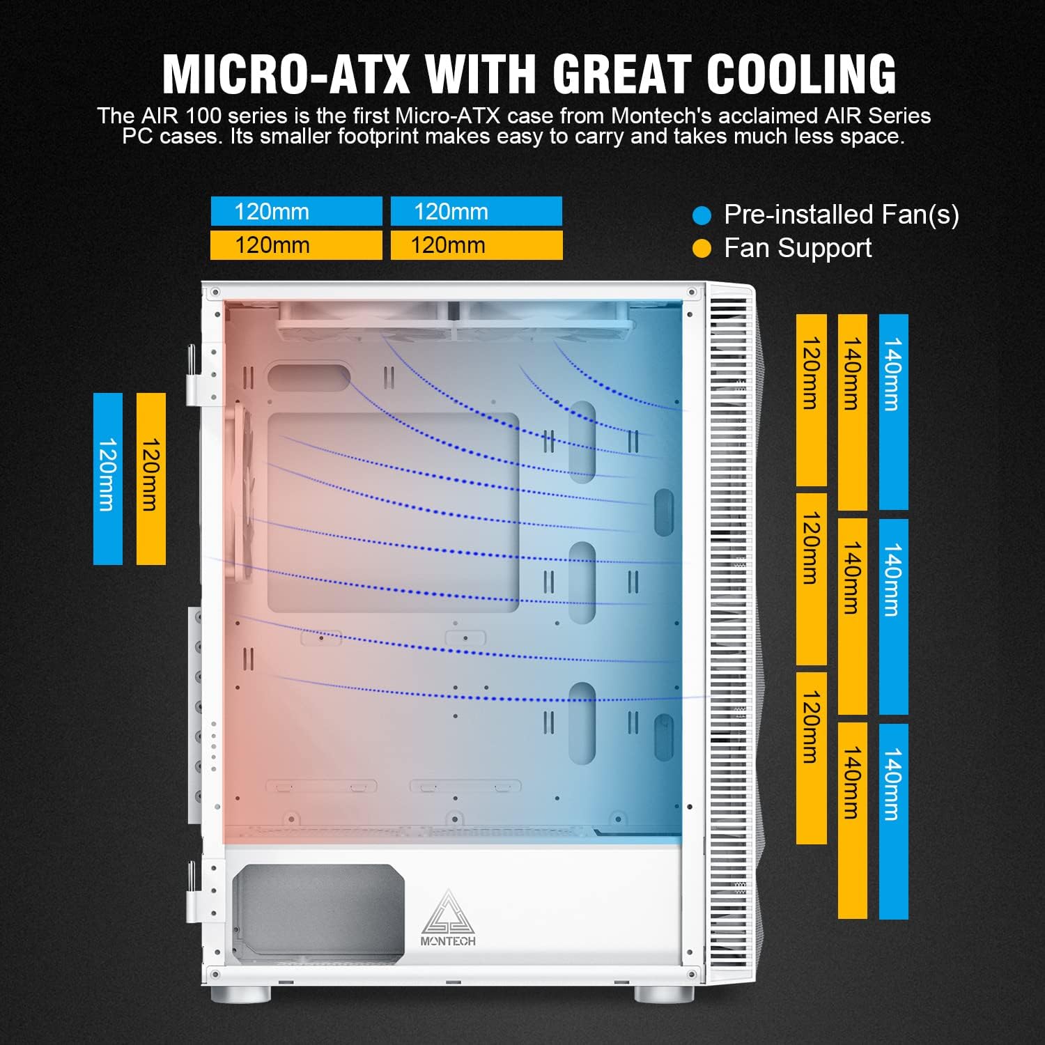 Airflow diagram showing cool air intake from front and bottom, and hot air exhaust from top and rear.