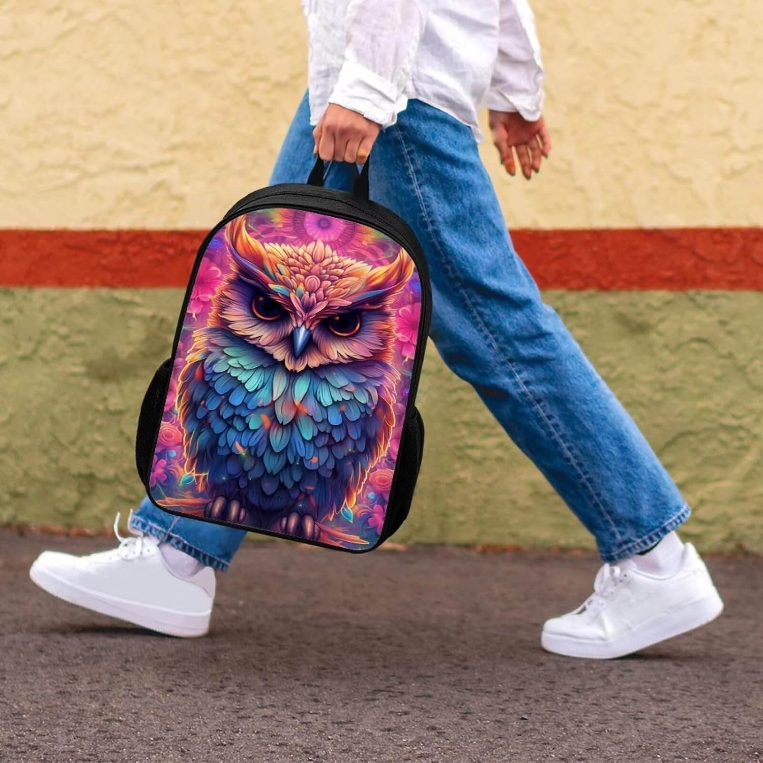 Fantastic Owl Backpack for Boys Girls Novelty Cute Graphic Animal Print School Backpack 17 Inch Student Lightweight Comfy Black Kids Bookbag with Side Mesh Pocket