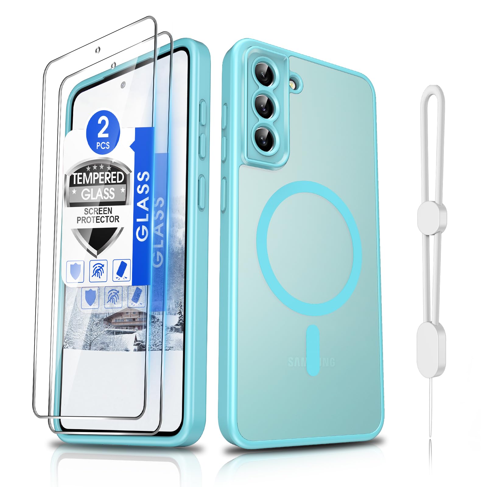 Dizn for Samsung Galaxy S21 FE Phone Case:[𝐍𝐨𝐭 𝐅𝐢𝐭 𝐒𝟐𝟏][Compatible with MagSafe] with Tempered Screen Protector,Slim Cover,with Strap &amp; Military Lens Protector S 21FE,Funda para S21FE,Teal