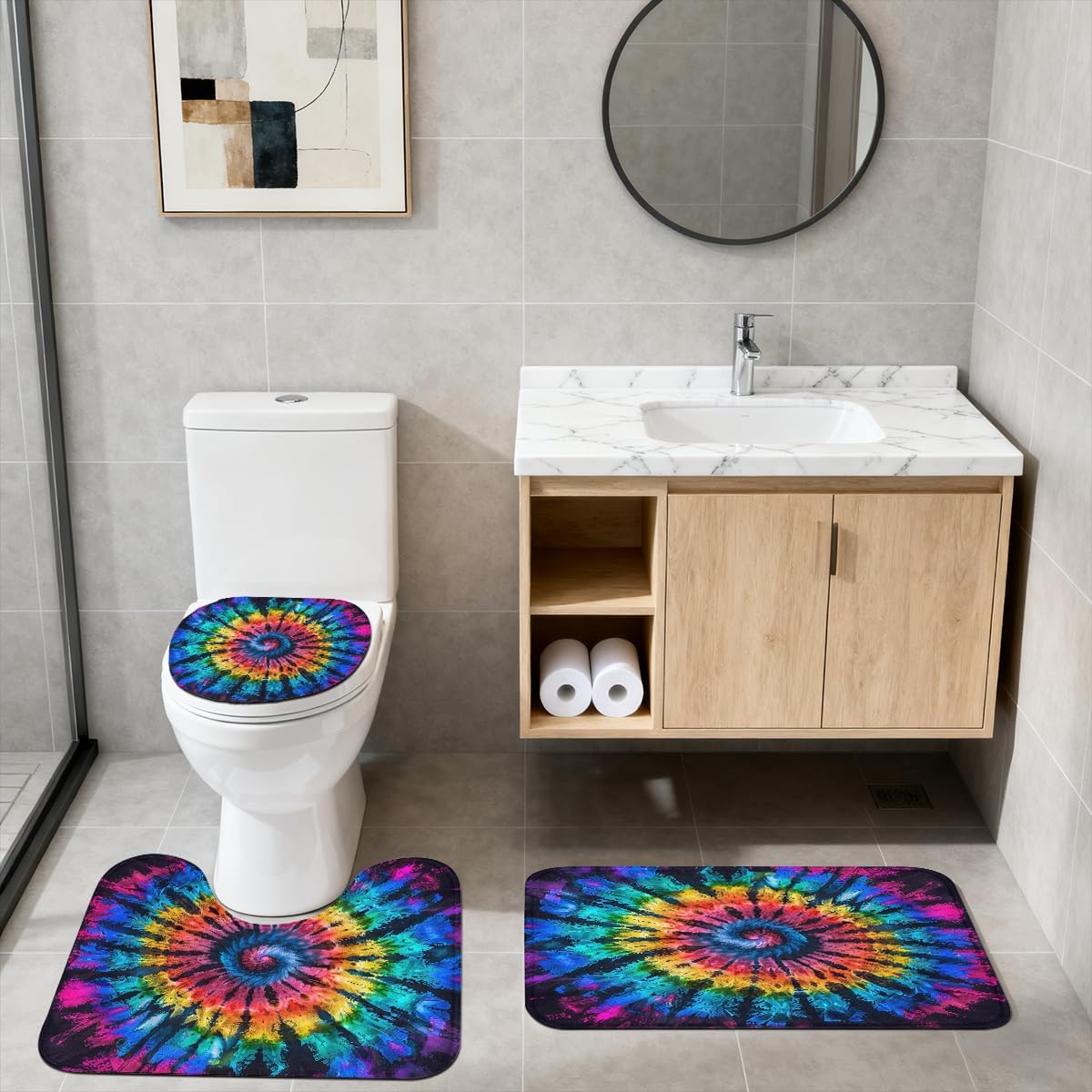 4 Piece Tie Dye Shower Curtain Set with Non-Slip Rugs, Toilet Lid Cover, Bath Mat Boho Psychedelic Swirl Rainbow Hippie Bathroom Decor with 12 Hooks, 72 x 72 Inch