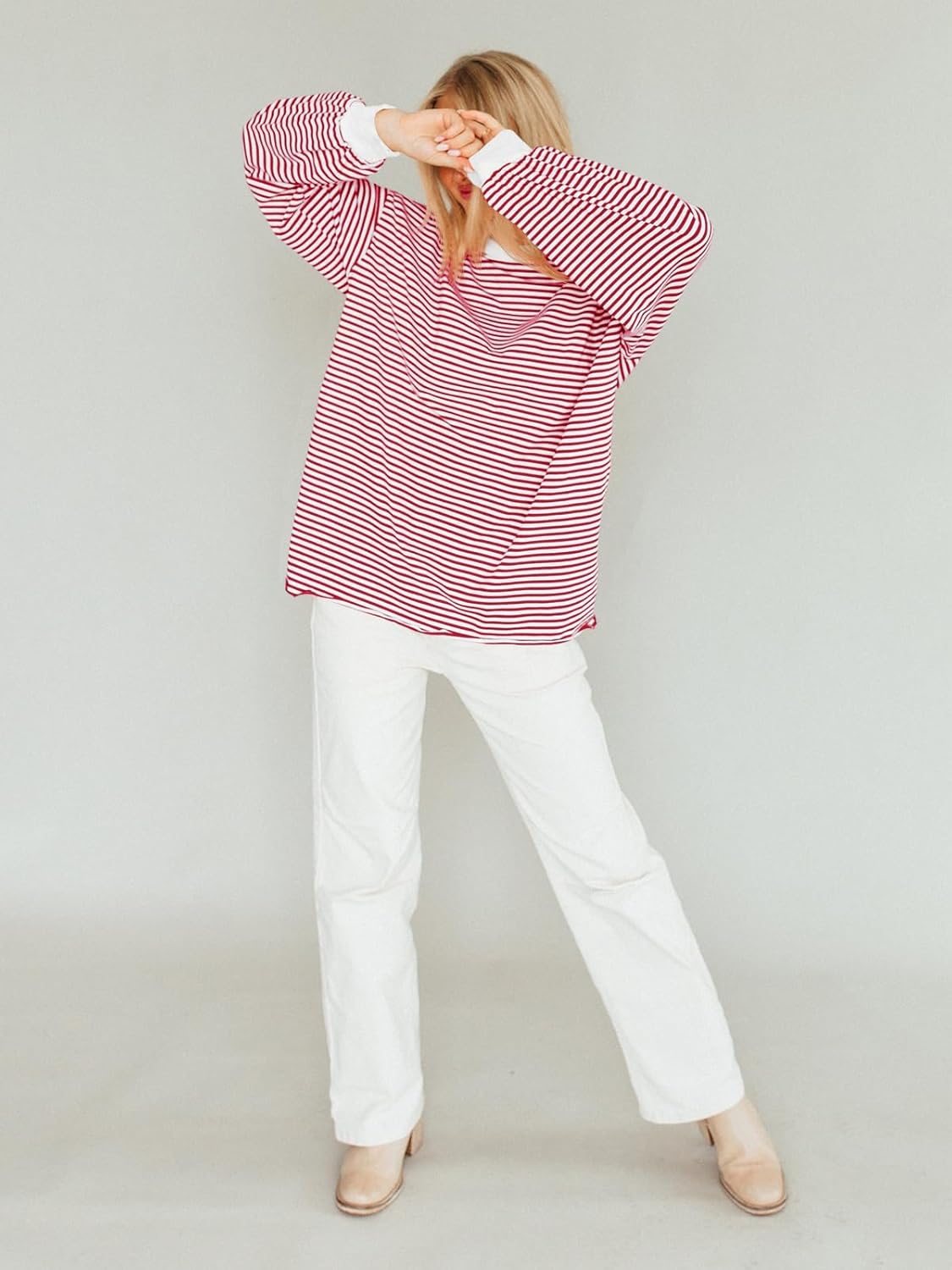 Tankaneo Womens Oversized Long Sleeve T Shirts Striped Color Block Cotton Tunic Tops Loose Fit Fall Crewneck Sweatshirt - Image 6