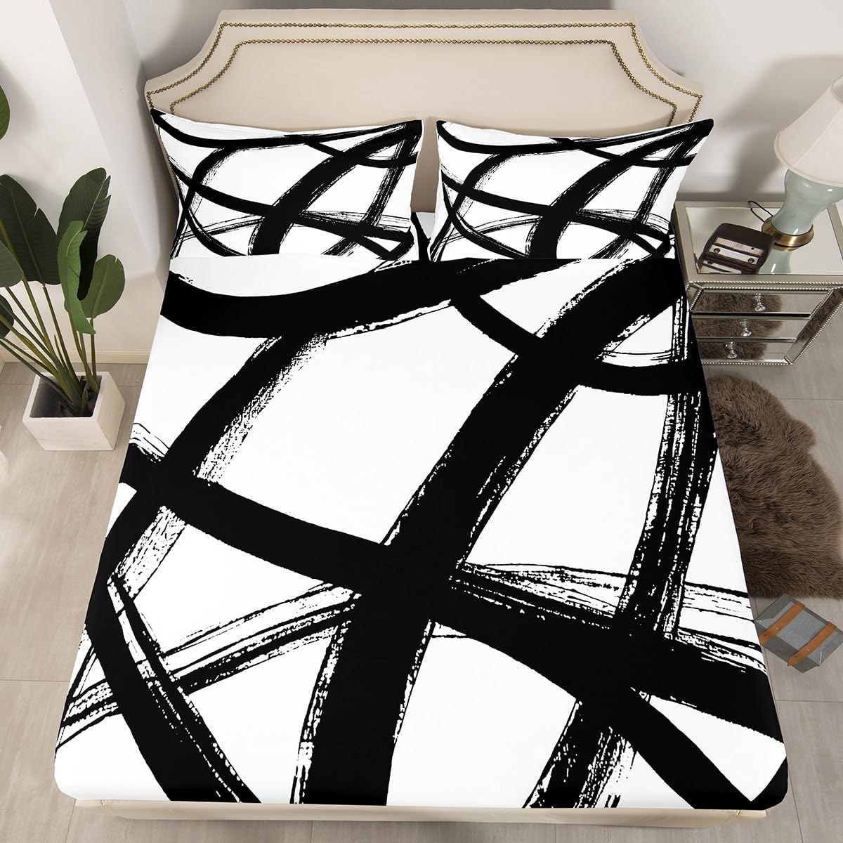 Erosebridal Blue and White Bed Sheets Full,Abstarct Fitted Sheet,Modern Stripes Lines Bed Set,Neutral Aesthetics Room Decor,3Pcs(1 Fitted Sheet,2 Pillowcases)