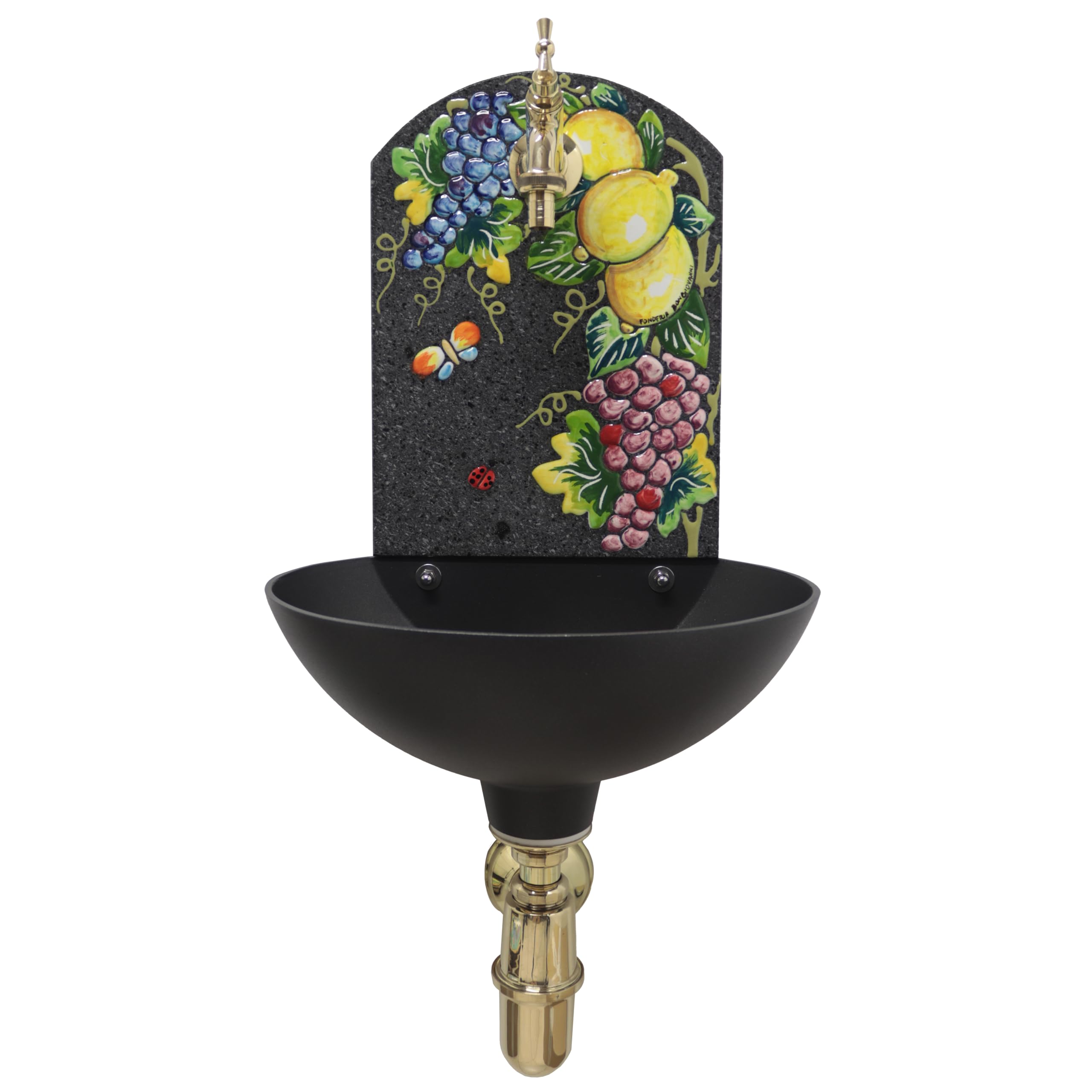 Fontana da parete Petra con frontale in pietra lavica dipinta a mano, decoro uva e limoni, vasca in alluminio, completa di rubinetto e sifone (Ottone lucido)