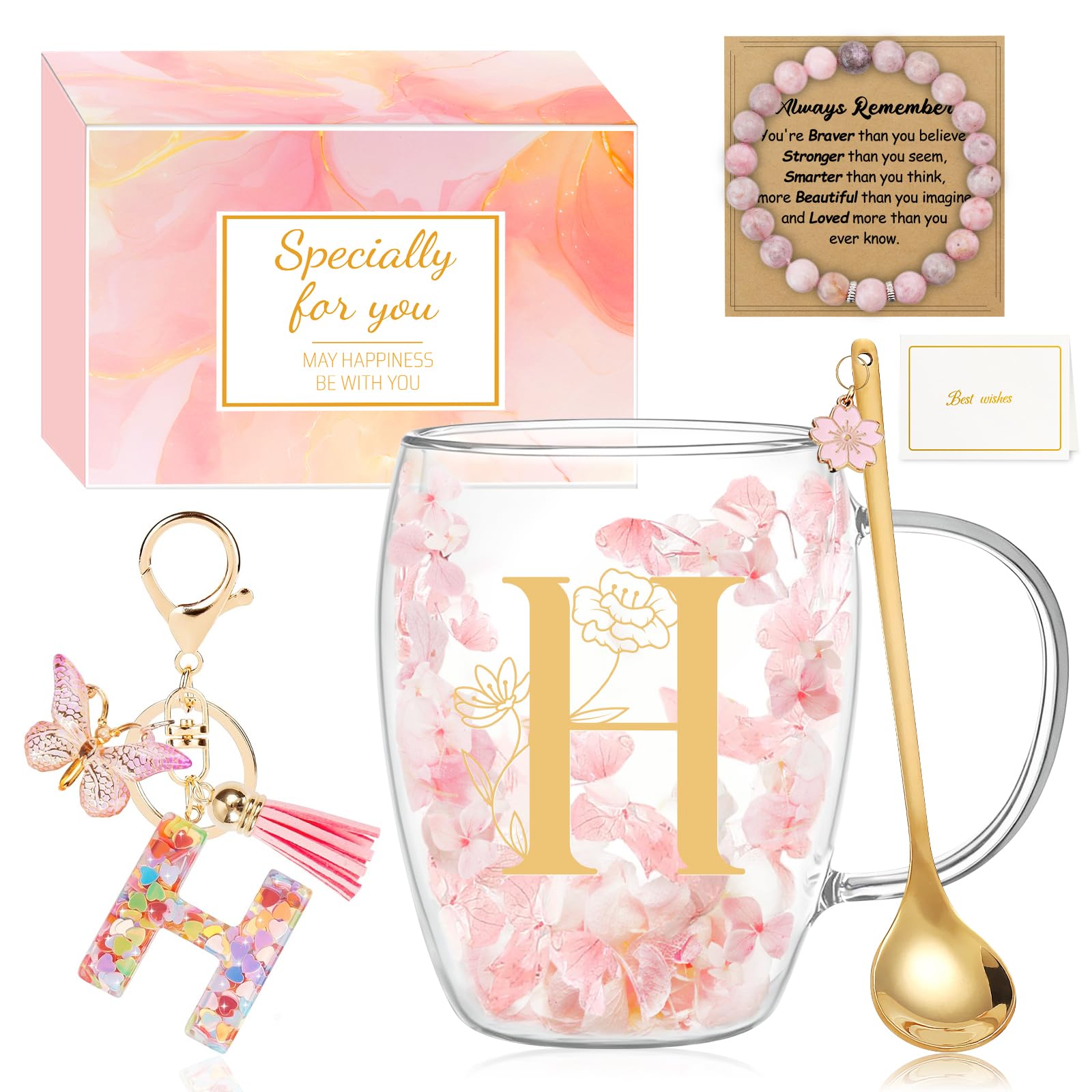 MOTONG Birthday Gifts for Women Glass Coffee Mug, Double Wall Espresso Tea Cups with Letter H Printing, Personalised Gifts for Women Ladies Christmas Valentine's Day Mother's Day with Spoon Bracelet