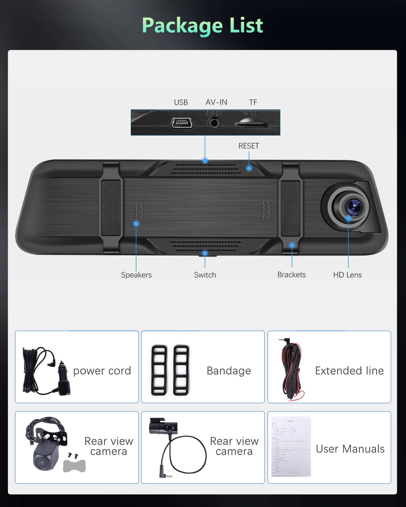 Podofo 9.66'' Specchietto Retrovisore 1440P Auto Dash Cam Con 3 Lens Dash-Cam Visione Notturna Grandangolare a 150°, Registrazione in Loop, Sensore G, WDR + Telecamera per Retromarcia AHD