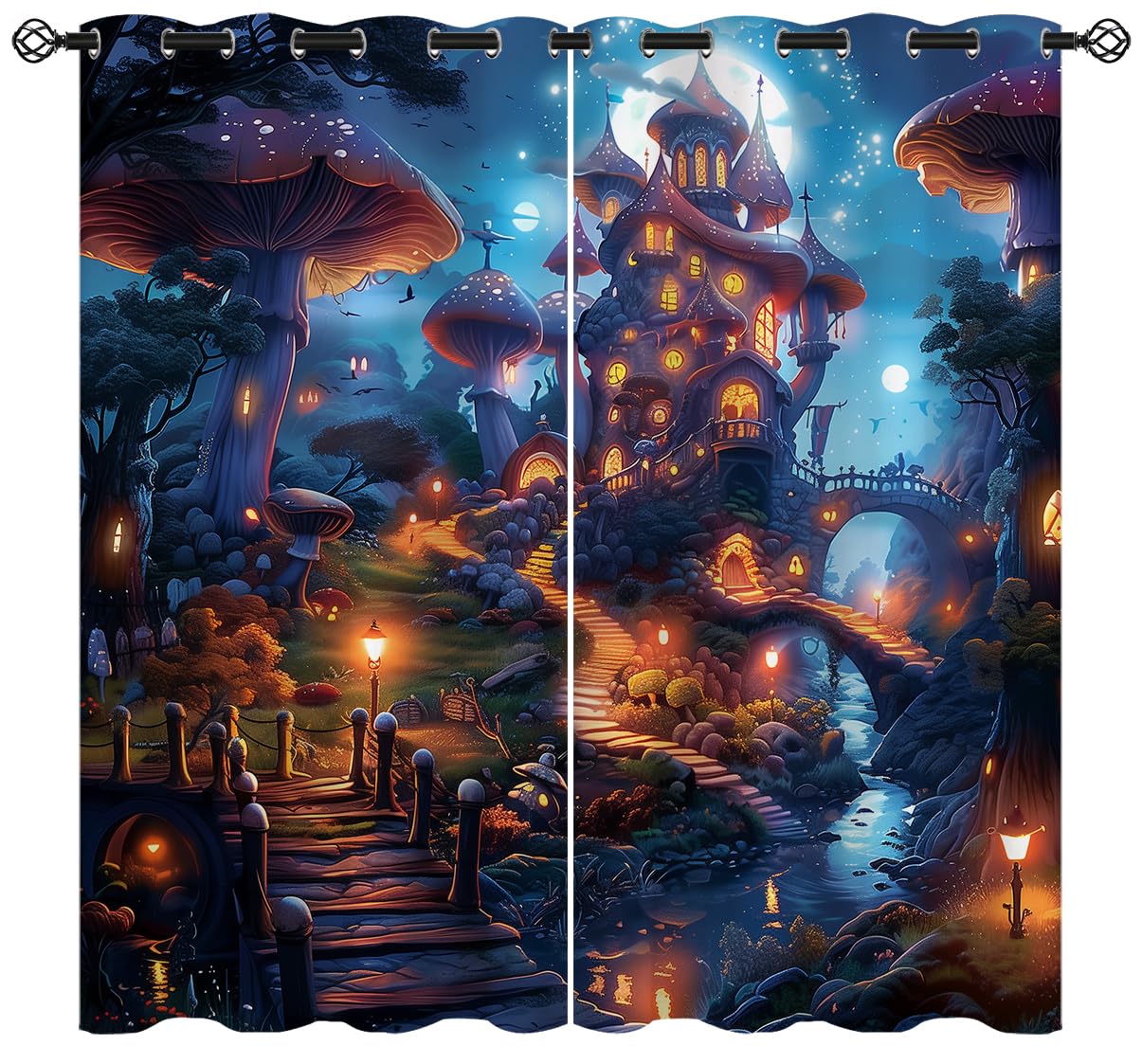 XINBADU Forest Fairy Tales Blackout Curtains for Girls Boy Home Decor, Fantasy Mushroom Houses Grommet Thermal Insulated Drapes Darkening Window
