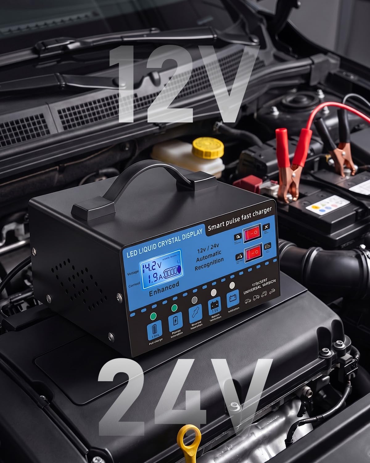 Caricabatteria da auto intelligente da 12 V/24 V con display LCD, mantenimento automatico della batteria e caricabatterie per trickle, compensazione della temperatura, protezione da sovraccarico per