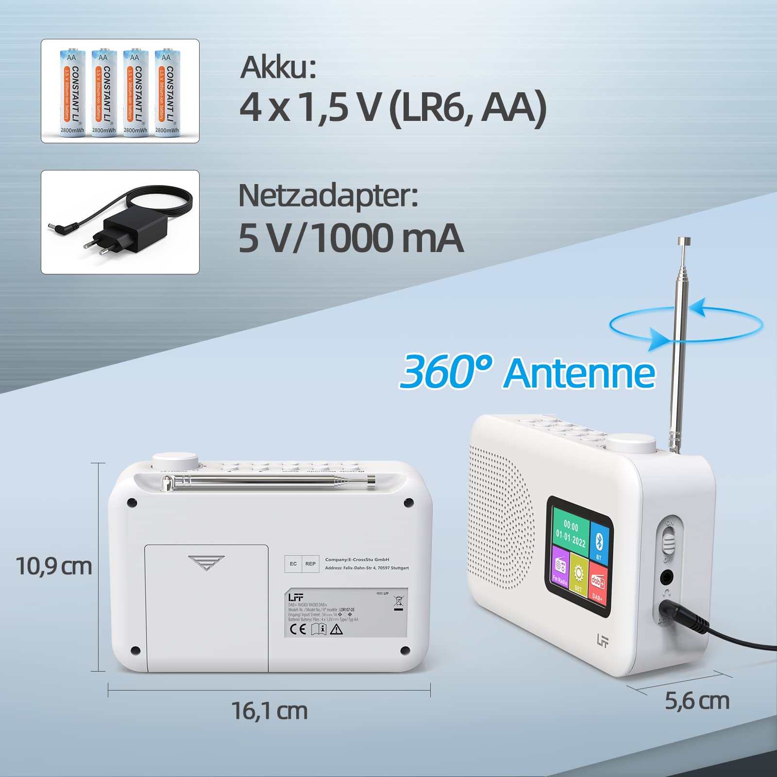 LFF DAB Radio, DAB Plus Radio, UKW-Digitalradio, Küchenradio mit Kabel oder Batteriebetriebenes, Farbdisplay Radios mit Bluetooth