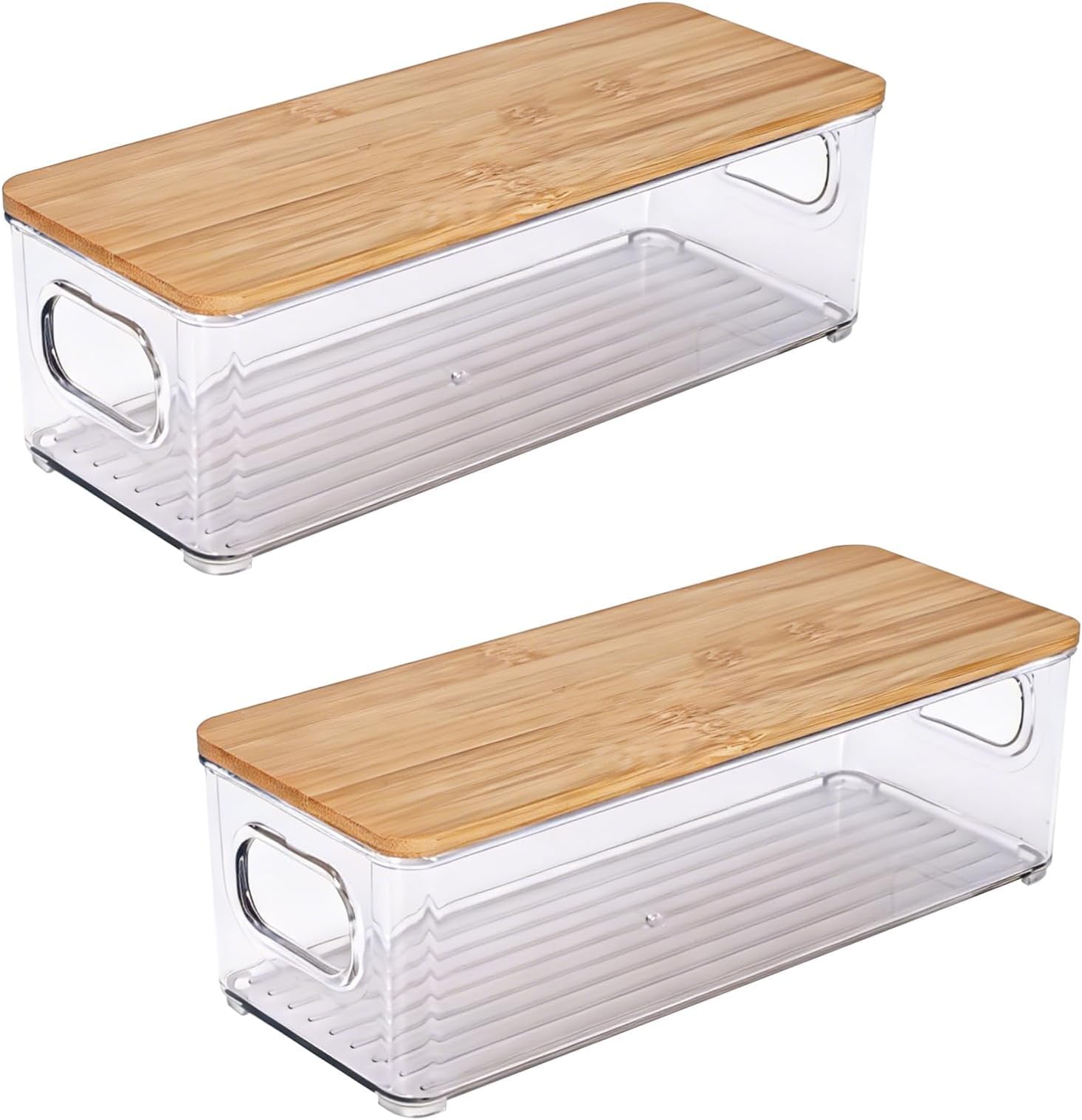 Plastic Storage Bins 2 Pack Kitchen Storage Box Stackable Cabinet Shelf Organiser with Bamboo Lid Kitchen Pantry Cabinet Perfect Snack Organisation- Clear/Natural-S-25 x 9.7 x 7.7 cm