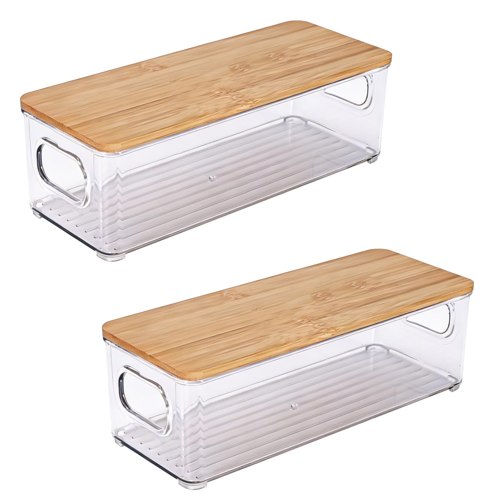 Plastic Storage Bins 2 Pack Kitchen Storage Box Stackable Cabinet Shelf Organiser with Bamboo Lid Kitchen Pantry Cabinet Perfect Snack Organisation- Clear/Natural-S-25 x 9.7 x 7.7 cm