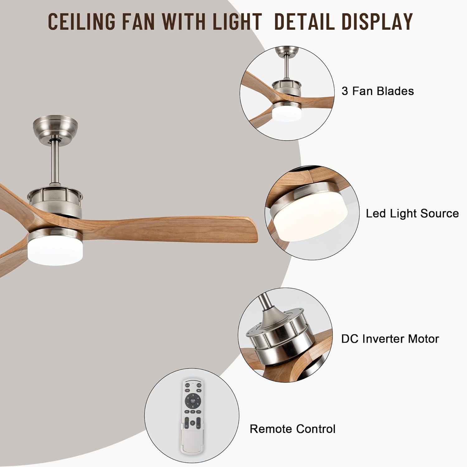52" Ceiling Fan with Lights and Remote Control, Reversible DC Motor, 6 Speeds, 3 Color Temperature,Modern Wood Ceiling Fan for Farmhouse Bedroom Living Room Pation Porch
