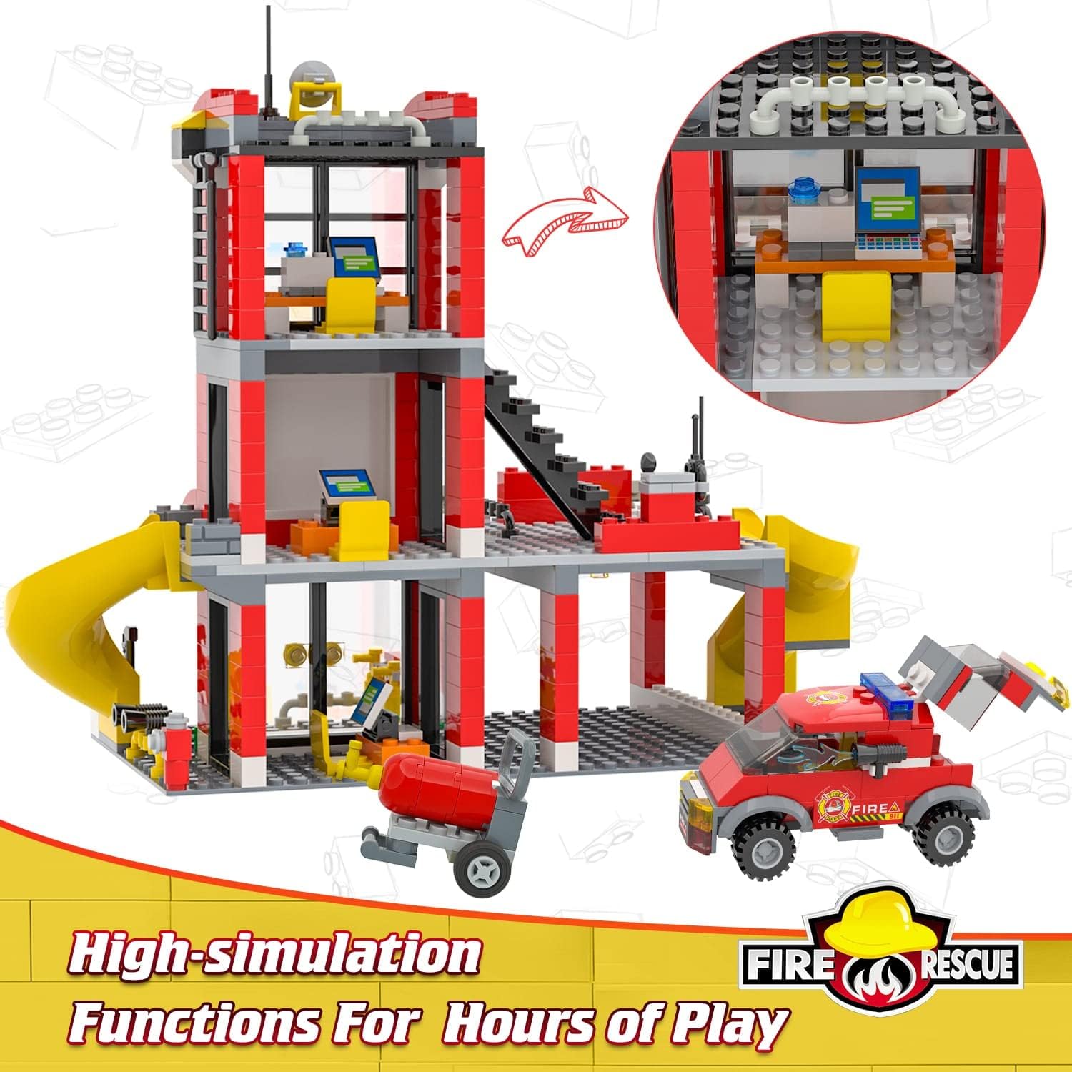 City Fire Station Building Kit, Fun Firefighter Toy Building Set for Kids, W/Cool Toy Fire Truck, Toy Extinguisher, Best Learning Roleplay Construction STEM Toy for Boys and Girls 6-12 (727 Pieces)