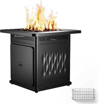 EAST OAK 28 Fire Pit Table, 50,000 BTU Steel Fire Pit for Outdoor, Outside Patio Deck and Garden, CSA Certified Fire Table with Magnetic Lid, Cover-Storage Basket and Lava Rock, Black