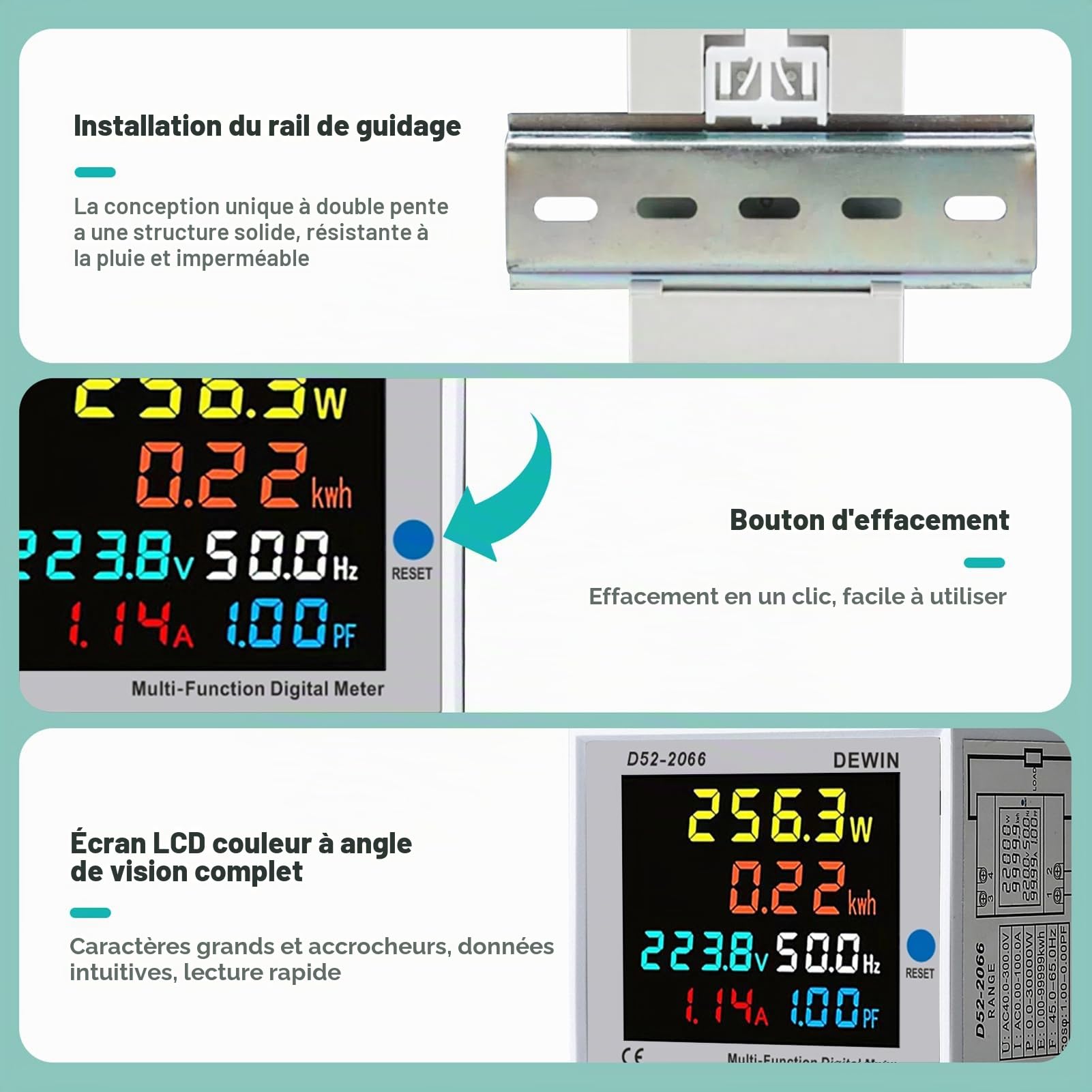 DeWin Compteur d'électricité Numérique, Compteur d'énergie Monophasé Courant Tension Puissance KWH Compteur 6 en 1 Compteur d'énergie avec écran LCD AC 40-300V 0-100A