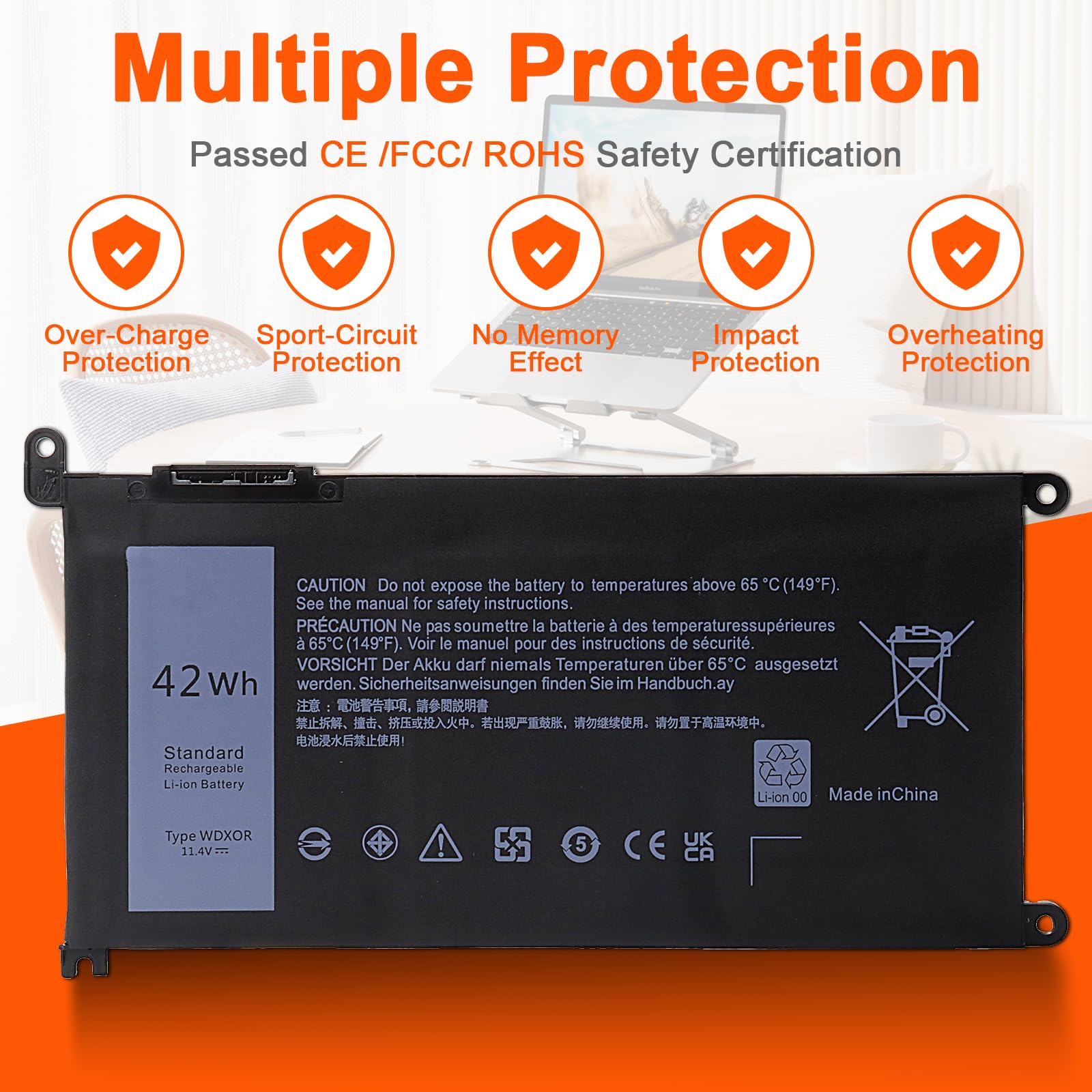 JIMACRO WDX0R Bateria kompatybilna z Dell Inspiron 13, 15, 5000, 7000, Series 5570, 7579, 7570, 7378, 5567, 7573, 5565, 5379, 5378, Latitude 3490, 3590, 3340, 3400, 333400, 333400, 33378, 78 39 0 390