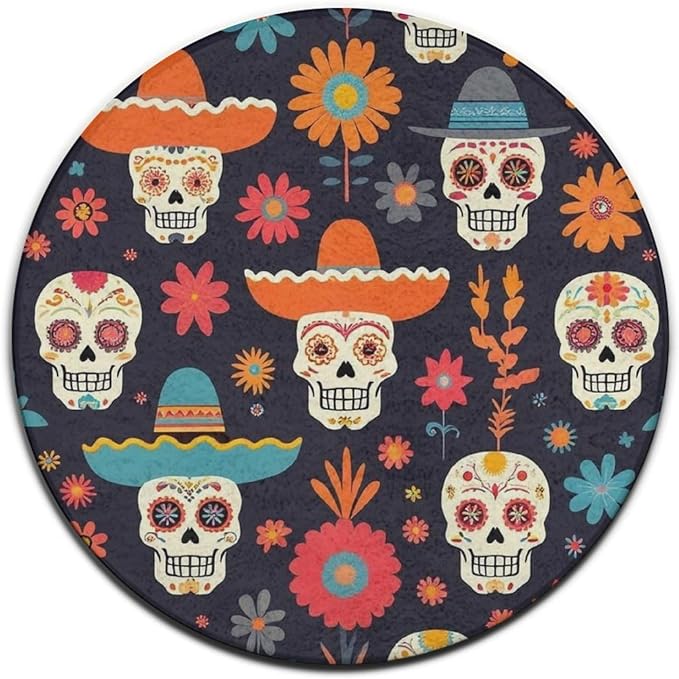 Large Round Bathroom Rug, Kitchen Office Circle Rug for Living Room Sofa Yoga Day of The Dead Sugar Skulls and Flowers Bedroom Circle Cute Mat, 60inch