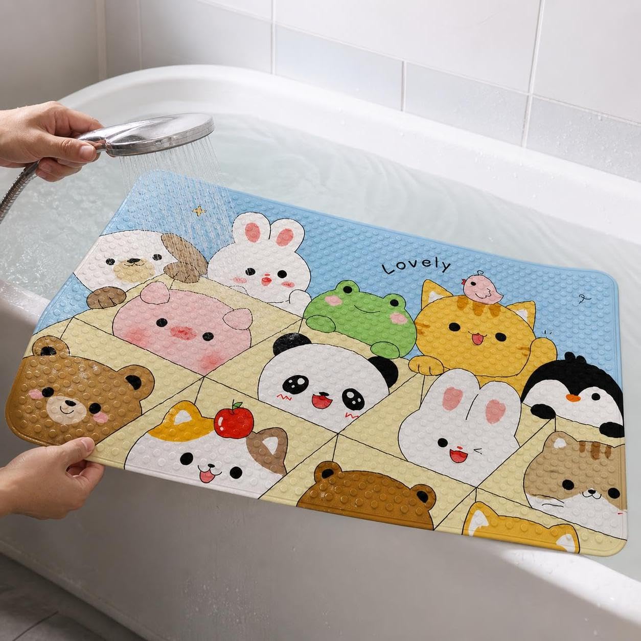 Tappeto Bagno Antiscivolo Bambini, 惬意时光-竹子熊猫, 60X90cm | In PVC resistente, funzione massaggiante piedi, con ventose per presa sicura, lavabile con acqua, per la doccia, per vasca