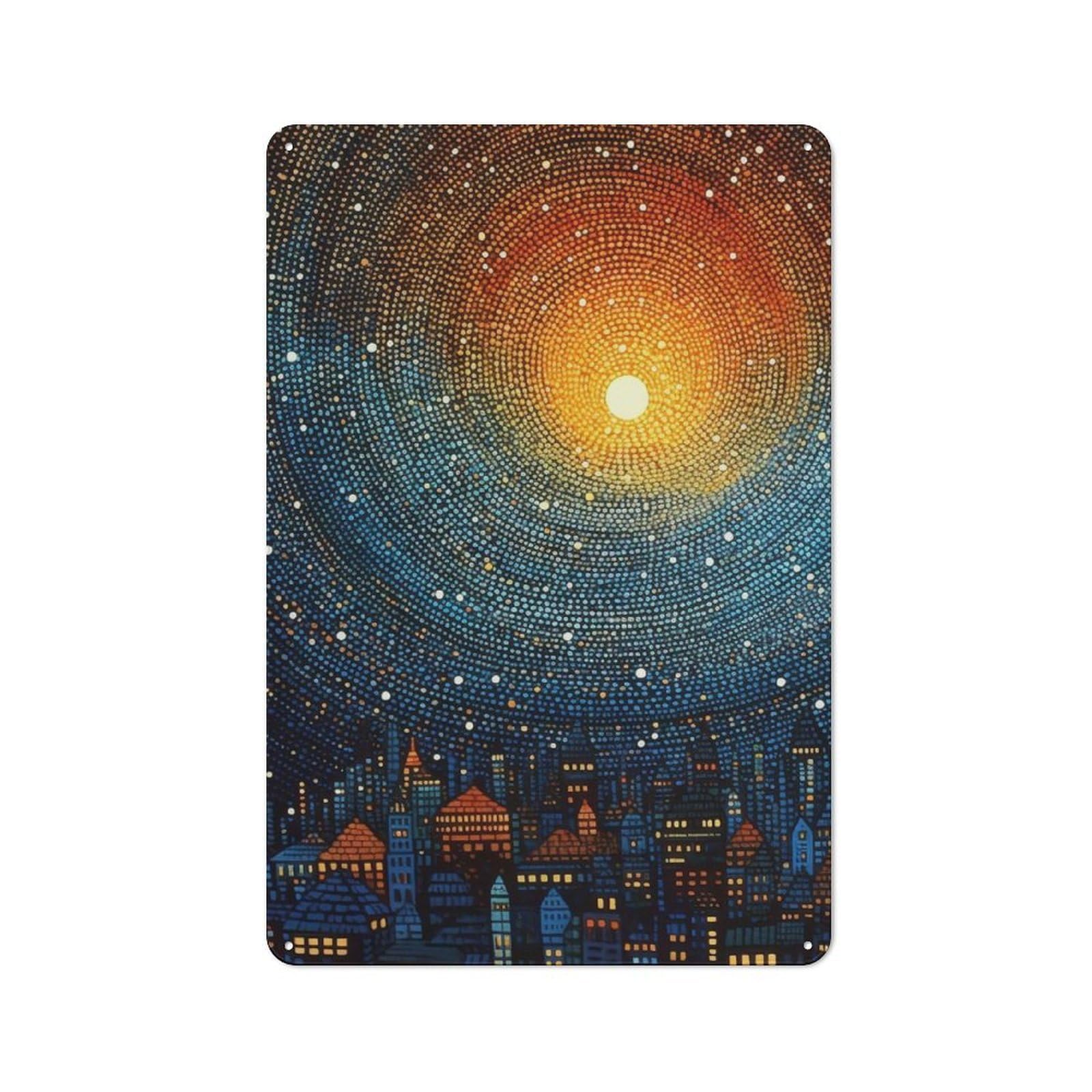 Junmoney Cityscape Under Starry Sky Decorative Metal Plaque 30X20cm, Clean Industrial Industrial Wall Decor For Modern Home, Workshop, Office Or Cafe