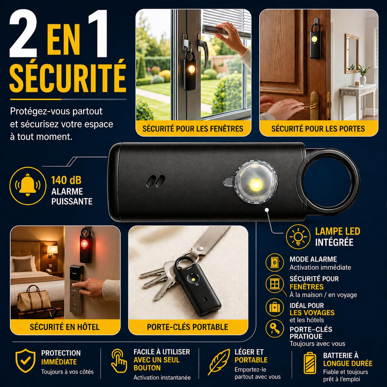VOLTEK News kit Alarme métal loquet de sécurité (Blanc) Femme Defense + detecteur Porte et fenêtre autodéfense Auto Alarme Mini Autonome + sifflet Urgence personnelle Lampe puissante 135 DB, USB-C