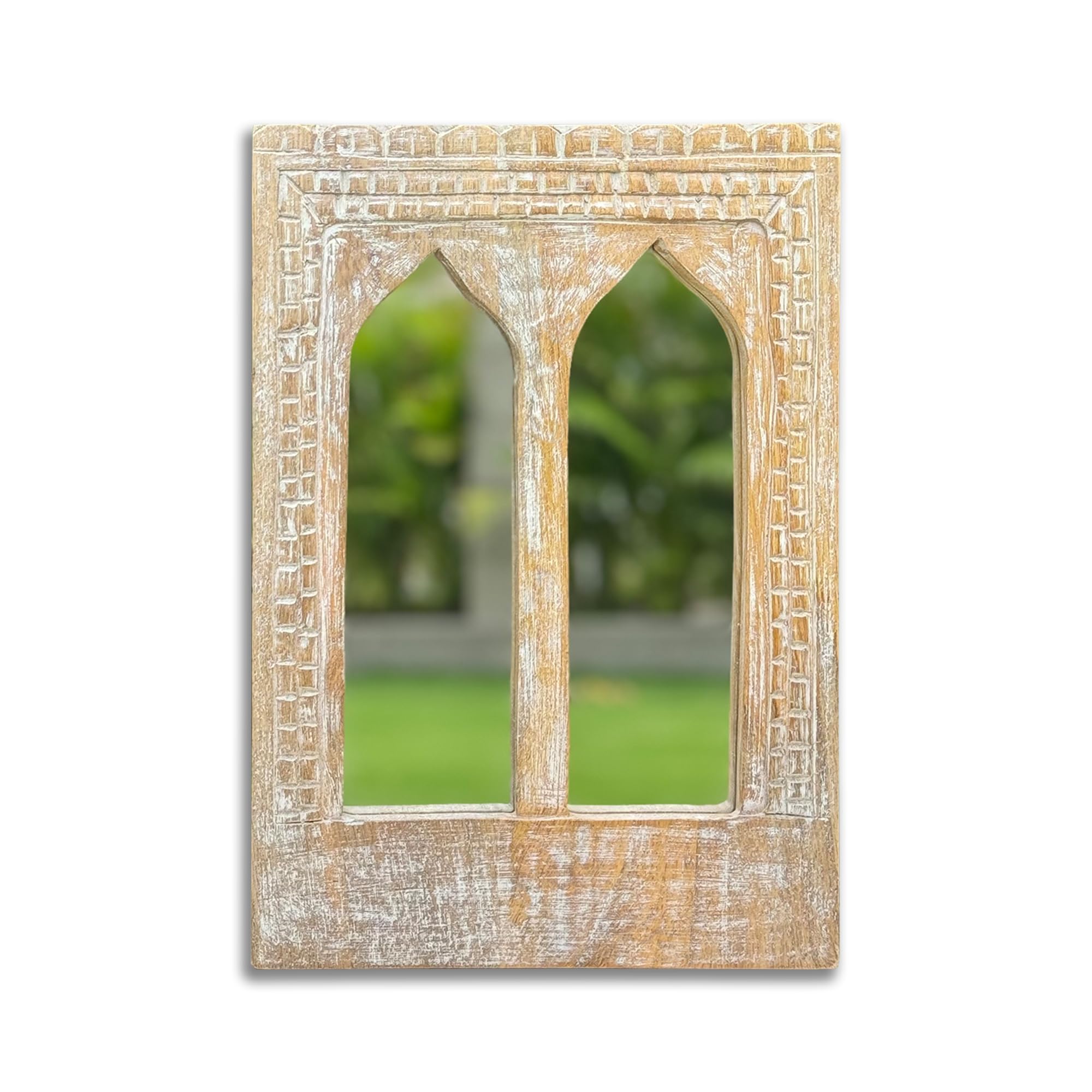 Wooden Mirror Frame, Home & Office Wall Art Decor, Traditional Indian Jharokha, Handcrafted on Solid Wood, Antique Finish (White Wash (White Polish), Size G: 9 Inch x 13 Inch)-image-25