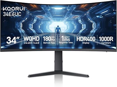 KOORUI 34-inch Curved Ultrawide WQHD 3440×1440 Gaming Monitor, 180Hz 1000R- PIP/PBP, 1ms(MPRT), HDR400, DCI-P3 95%, FreeSync Premium, 1 x DP 1.4 & 2 x HDMI 2.0, Tilt Height Swivel Adjustment, 34E6UC