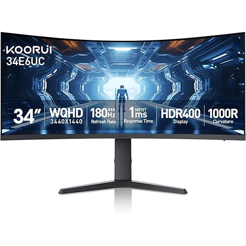 KOORUI 34-inch Curved Ultrawide WQHD 3440×1440 Gaming Monitor, 180Hz 1000R- PIP/PBP, 1ms(MPRT), HDR400, DCI-P3 95%, FreeSync Premium, 1 x DP 1.4 & 2 x HDMI 2.0, Tilt Height Swivel Adjustment, 34E6UC