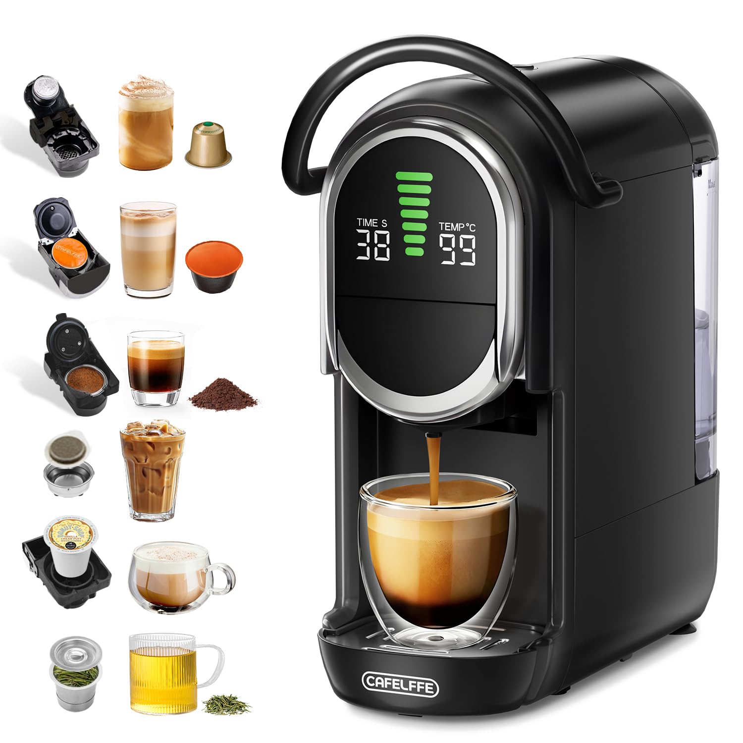 CAFELFFE MK-609S - Macchina da caffè a capsule, 6 in 1, 7 impostazioni dell'acqua e funzione di infusione calda/fredda, 19 bar, compatibile con NES Original/DG/ESE/capsule K-Cup/tè/caffè macinato