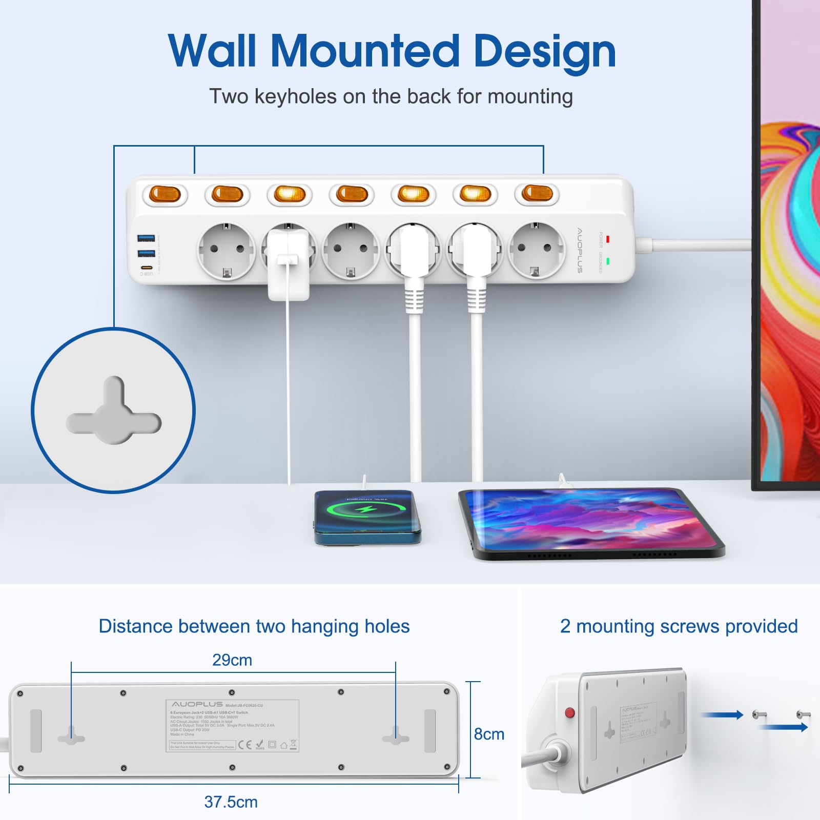 Regleta Enchufes con USB,Regletas Enchufes de 6 Tomas Corrientes,2 Puertos | USB-A y 1 USB-C(PD 20W),Enchufe Multiple 3680W/16A con interruptores individuales y Protección Infantil,Cable de 3M,Blanco
