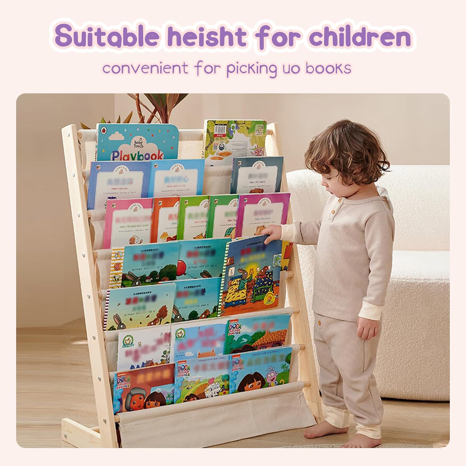 6-Tier Kids Bookshelf – Child-Safe Wooden Book Shelf with Cotton Linen Fabric, Holds 100+ Books, Baby Bookshelf & Toddler Bookcase Organizer for Nursery, Playroom & Kids Rooms