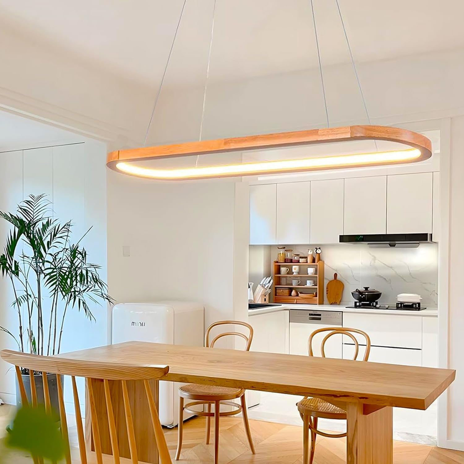 Aleaty LED Wood Dimmable Pendant Lamp Modern Oval Chandelier Dining Table Office Dining Room Lamp Height Adjustable with Remote Control Hanging Lamp for Dining Room Bedroom Living Room (Wood, 70cm)